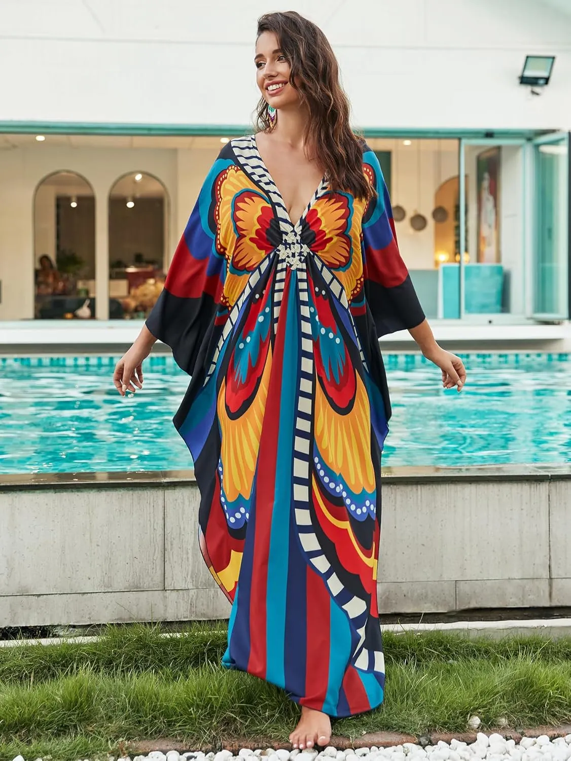 Swimsuit Cover ups Plus Size Caftans Beach Cover Up Maxi Beach Dress Vneck Batwing Sleeve Kaftan Dresses for Women