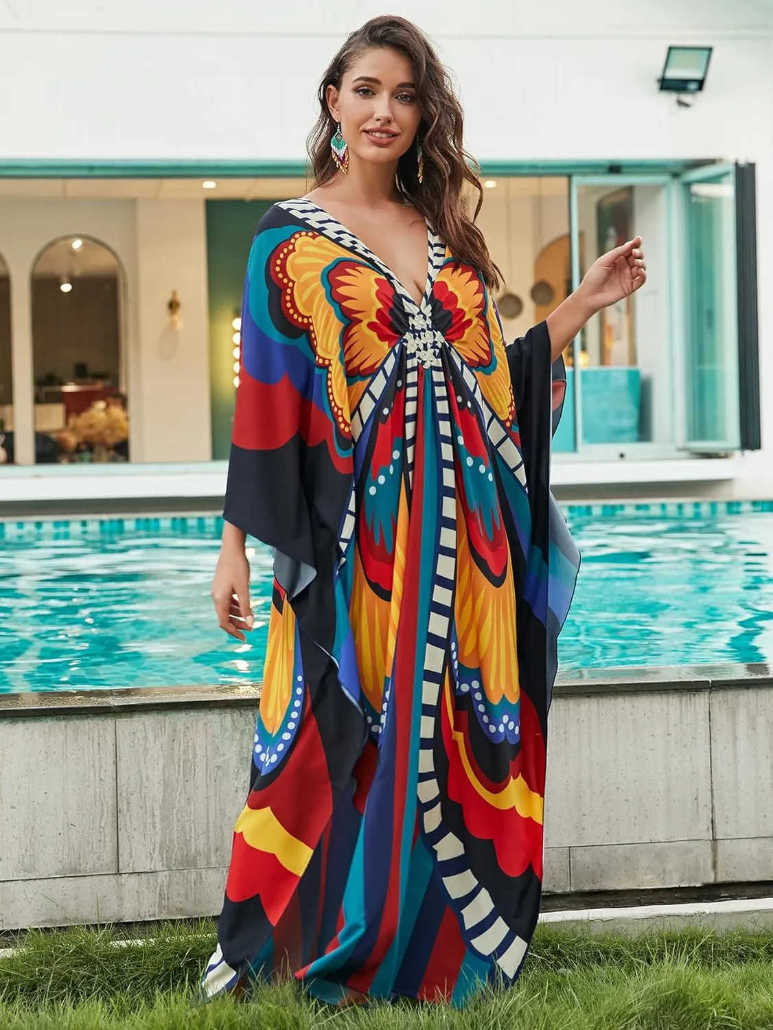 Swimsuit Cover ups Plus Size Caftans Beach Cover Up Maxi Beach Dress Vneck Batwing Sleeve Kaftan Dresses for Women