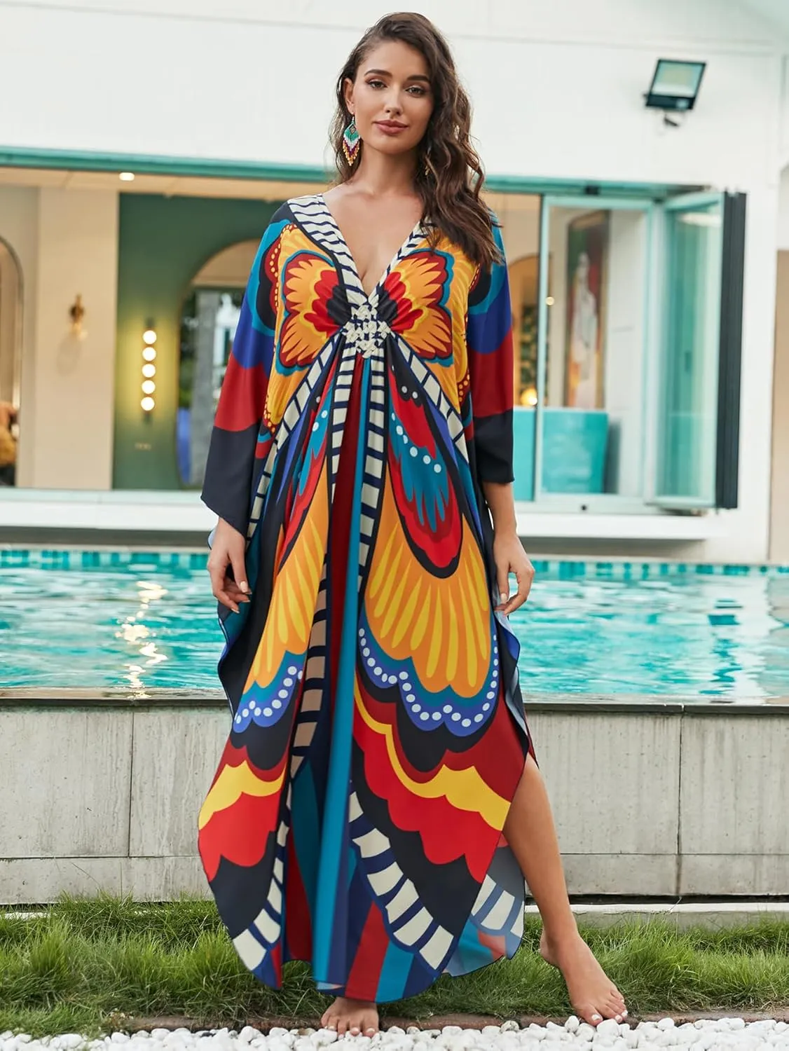 Swimsuit Cover ups Plus Size Caftans Beach Cover Up Maxi Beach Dress Vneck Batwing Sleeve Kaftan Dresses for Women