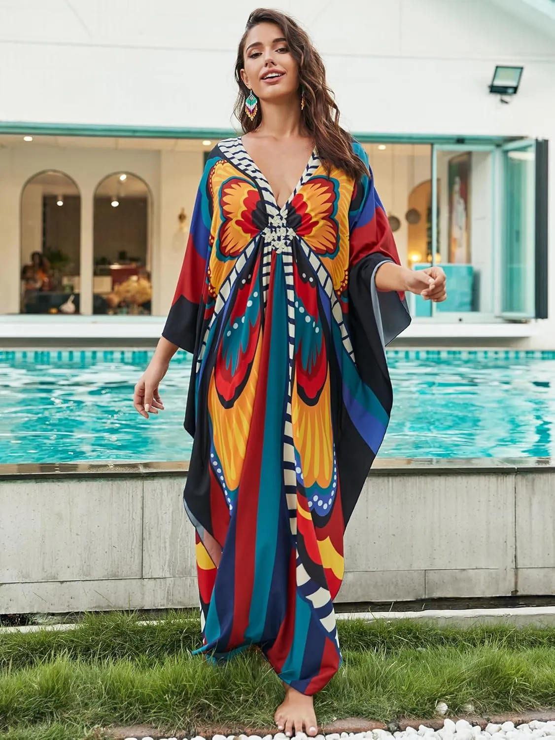 Swimsuit Cover ups Plus Size Caftans Beach Cover Up Maxi Beach Dress Vneck Batwing Sleeve Kaftan Dresses for Women