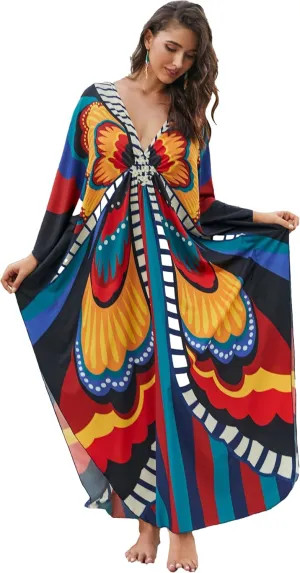 Swimsuit Cover ups Plus Size Caftans Beach Cover Up Maxi Beach Dress Vneck Batwing Sleeve Kaftan Dresses for Women