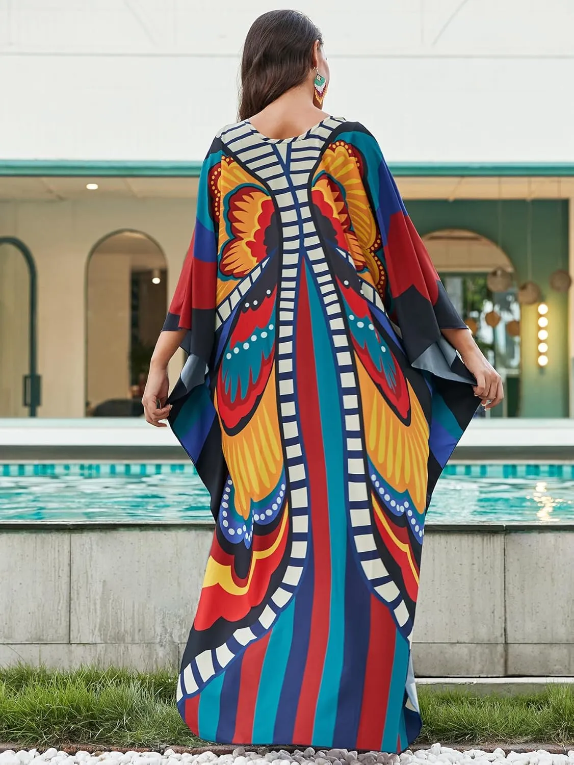 Swimsuit Cover ups Plus Size Caftans Beach Cover Up Maxi Beach Dress Vneck Batwing Sleeve Kaftan Dresses for Women