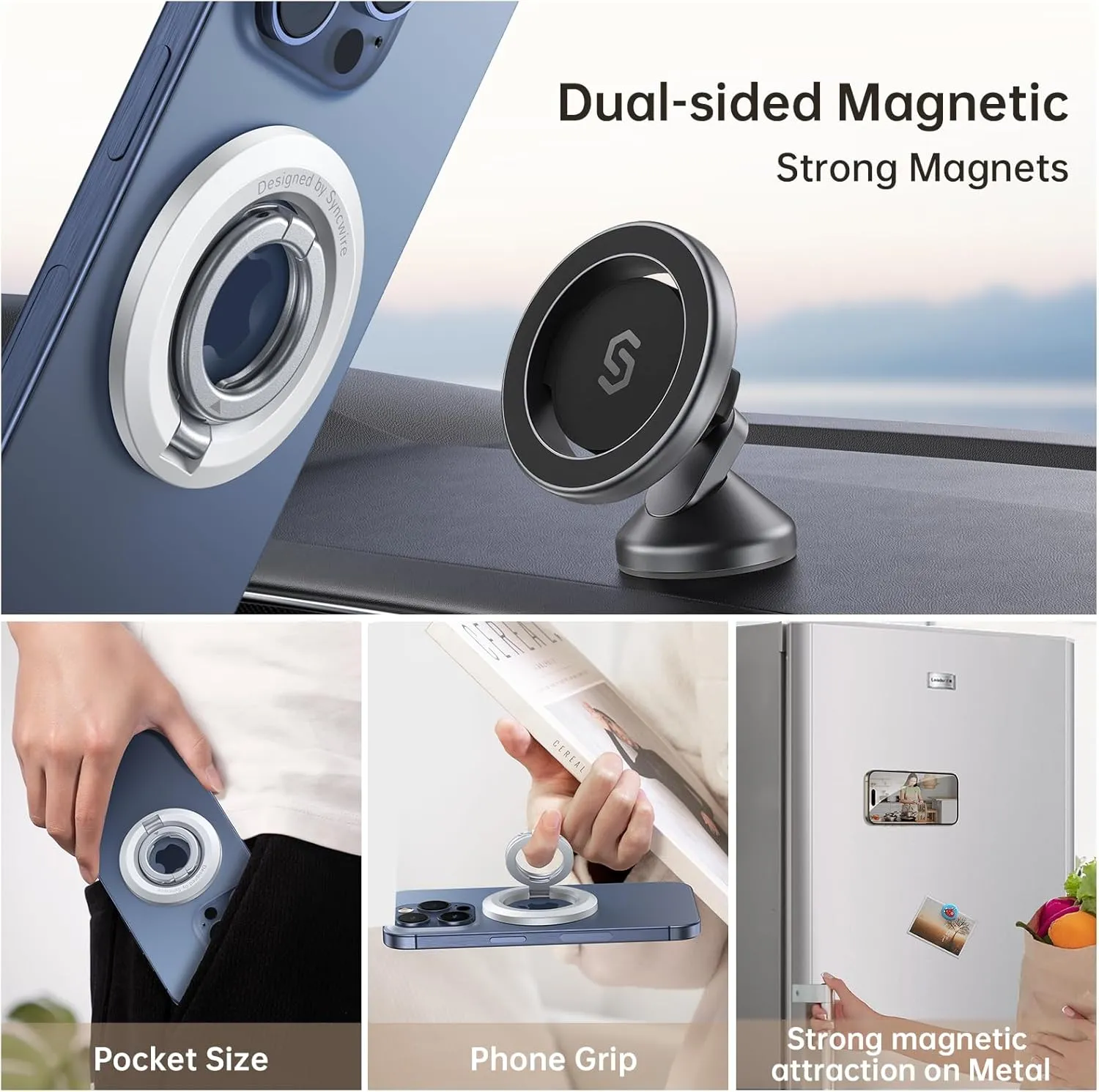 SYNCWIRE for MagSafe Ring Holder, Magnetic Phone Ring Holder Magnet Cell Phone Grip Finger Ring Kickstand Compatible with iPhone 16 15 14 13 12 Pro Max fits MagSafe Accessories