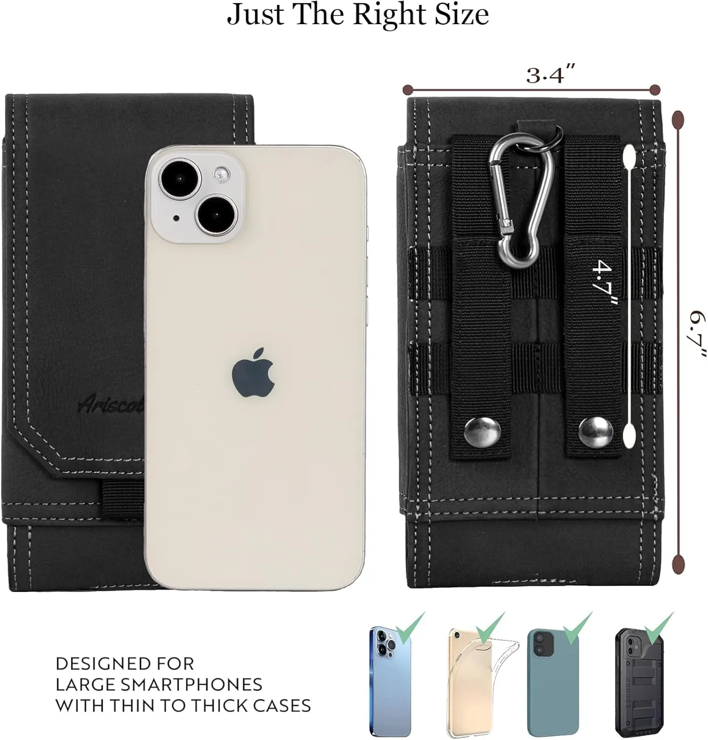 Tactical Molle Phone Cover Case, Leather Phone Holster, Heavy Duty Loop Belt Holster Pouch for iPhone 16/15/14/13/12 Pro Max, Galaxy S24 Ultra (L)