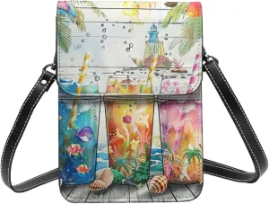 Tea Cups Beach Palm Trees Sea Hawaiian Tropical Crossbody Cell Phone Purse For Women Teen Girls Leather Small Crossbody Bag Mini Phone Pouch Purse, 7.5x5.3 Inches
