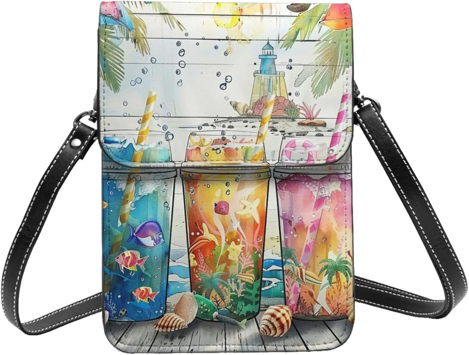 Tea Cups Beach Palm Trees Sea Hawaiian Tropical Crossbody Cell Phone Purse For Women Teen Girls Leather Small Crossbody Bag Mini Phone Pouch Purse, 7.5x5.3 Inches