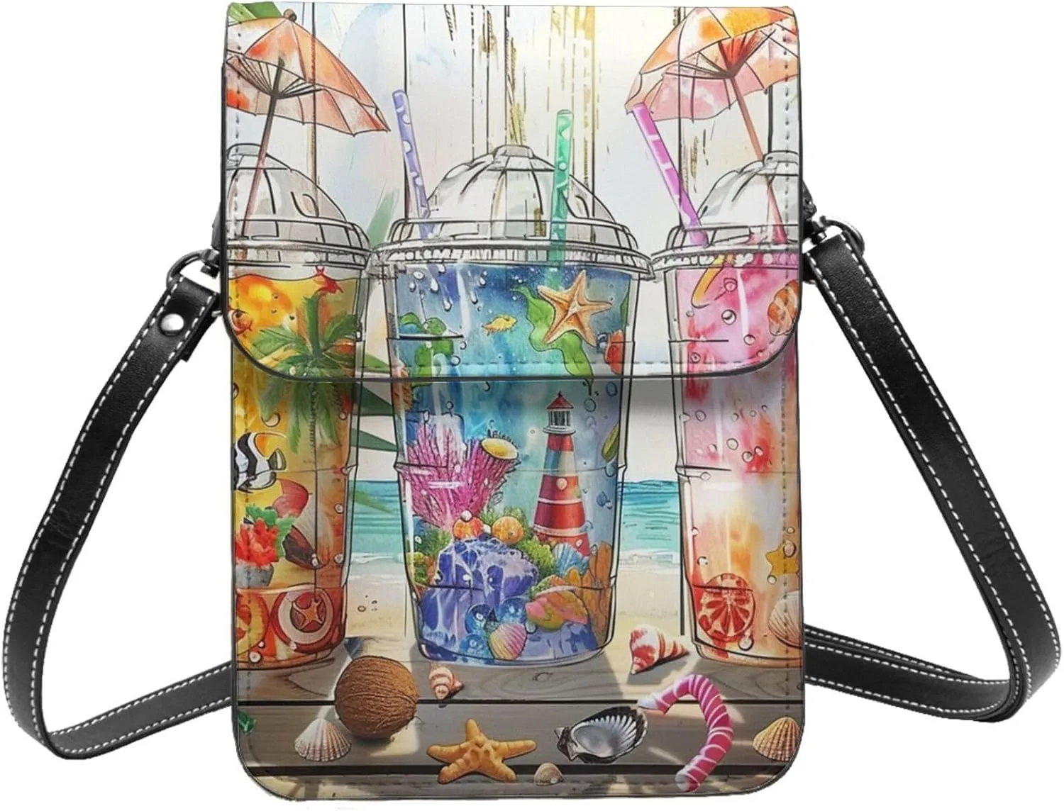 Tea Cups Palm Trees Sea Hawaiian Beach Tropical Crossbody Cell Phone Purse For Women Teen Girls Leather Small Crossbody Bag Mini Phone Pouch Purse, 7.5x5.3 Inches