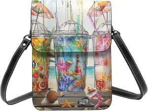 Tea Cups Palm Trees Sea Hawaiian Beach Tropical Crossbody Cell Phone Purse For Women Teen Girls Leather Small Crossbody Bag Mini Phone Pouch Purse, 7.5x5.3 Inches