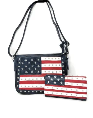 Texas West American Flag Rhinestone Women's Handbags Purse Wallet Set in Multi-Color
