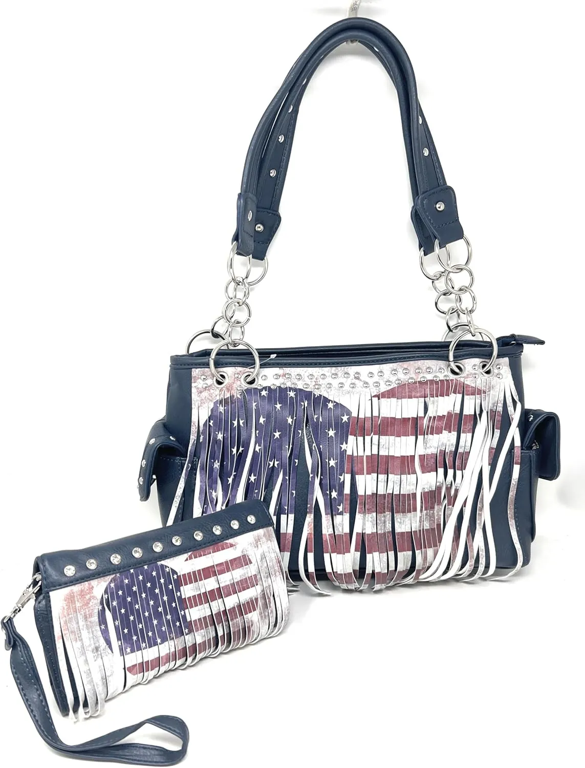 Texas West American Flag Rhinestone Women's Handbags Purse Wallet Set in Multi-Color