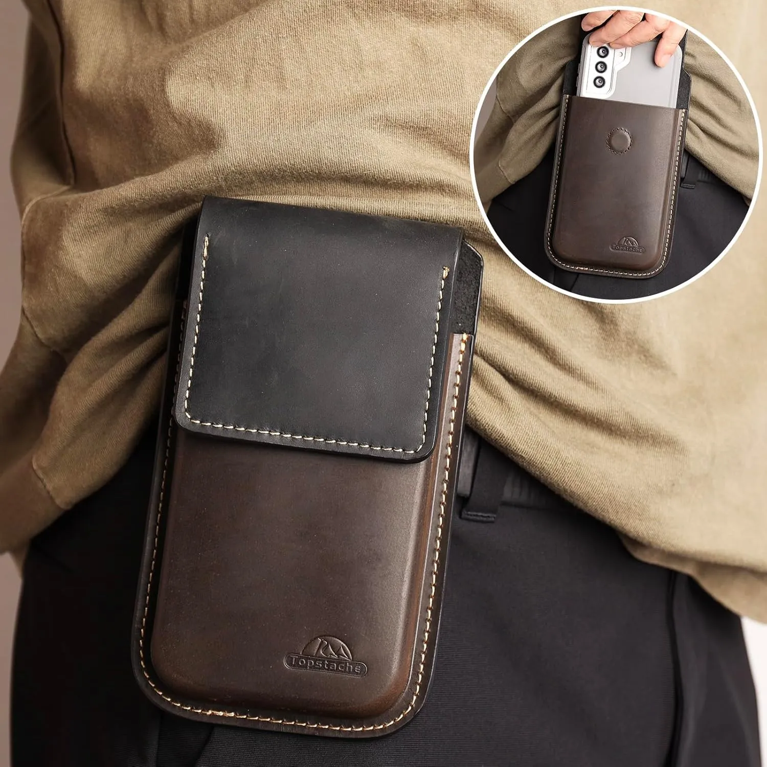Topstache Leather Phone Holster with Belt Clip,Flip Cell Phone Pouch for iPhone 14/13 Pro Max,S23 Plus Belt Clip Phone Case,Universal Smartphone Sheath,XL,Mixbrown