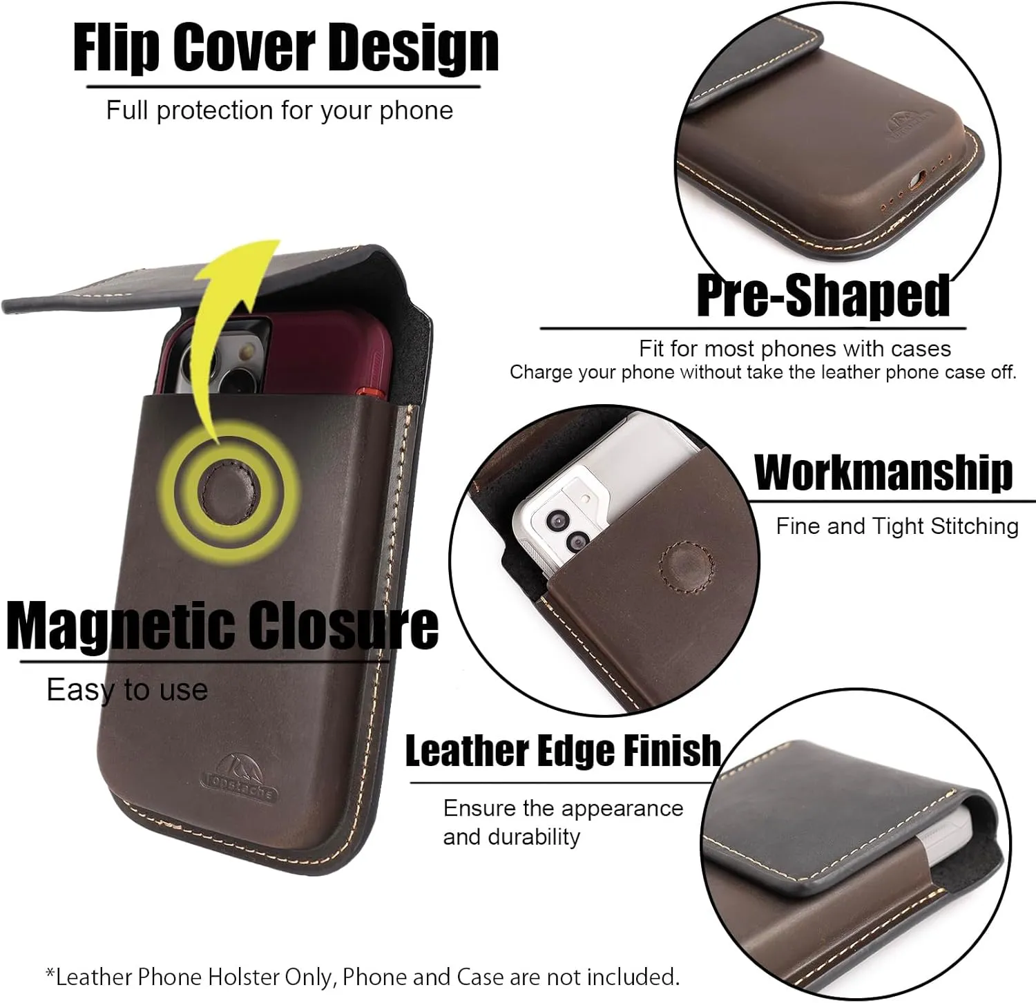Topstache Leather Phone Holster with Belt Clip,Flip Cell Phone Pouch for iPhone 14/13 Pro Max,S23 Plus Belt Clip Phone Case,Universal Smartphone Sheath,XL,Mixbrown