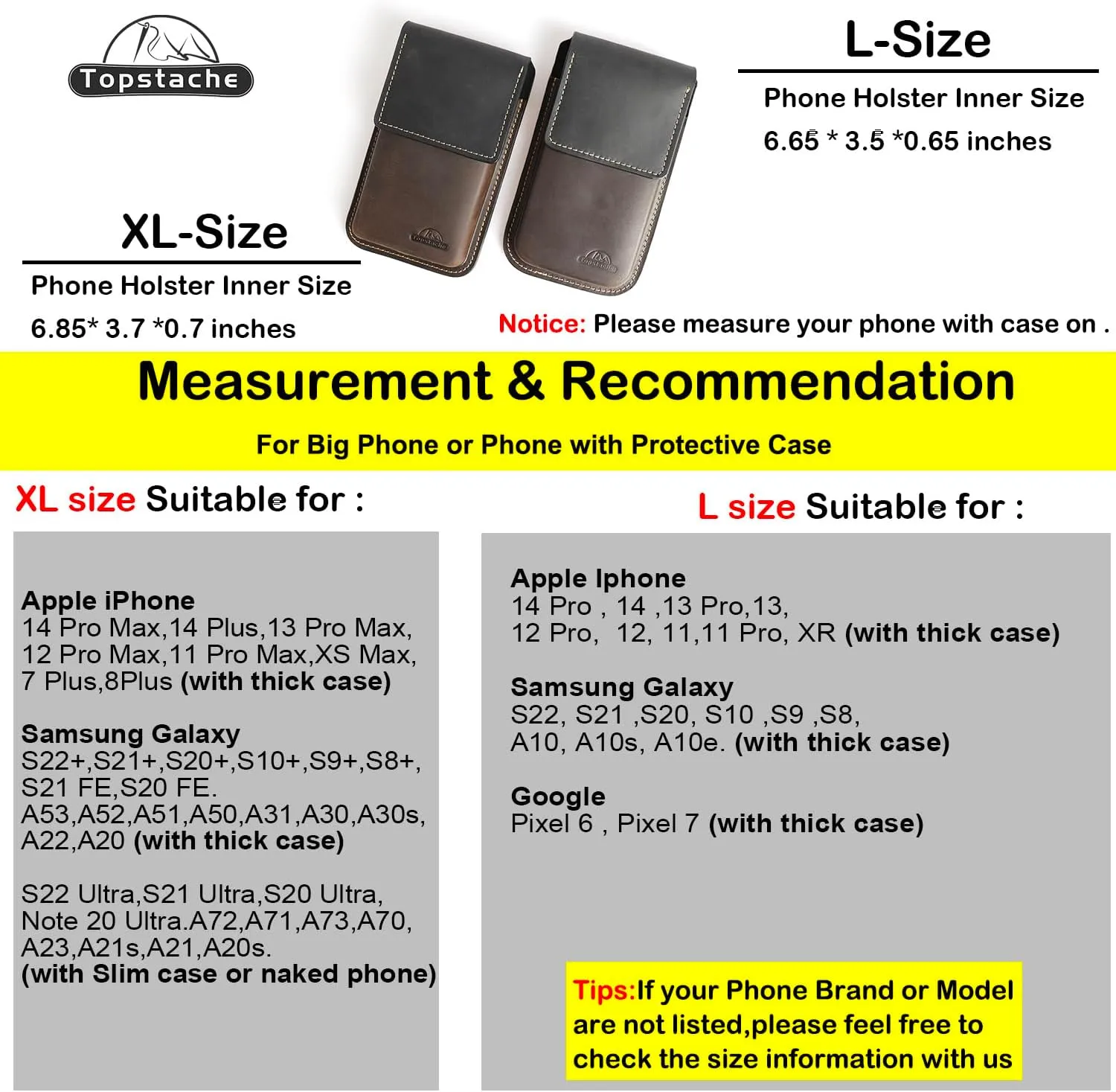 Topstache Leather Phone Holster with Belt Clip,Flip Cell Phone Pouch for iPhone 14/13 Pro,S23,S22,Note 10 Belt Clip Phone Case,Universal Smartphone Sheath,L,Mixbrown
