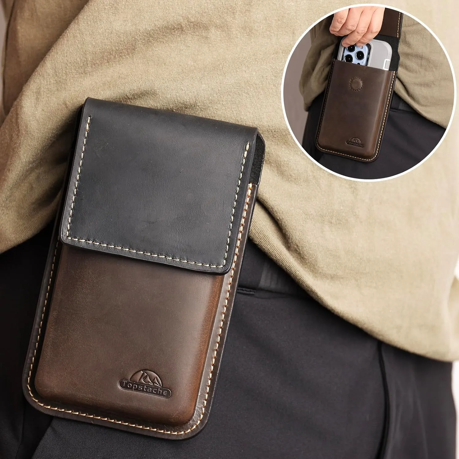 Topstache Leather Phone Holster with Belt Clip,Flip Cell Phone Pouch for iPhone 14/13 Pro,S23,S22,Note 10 Belt Clip Phone Case,Universal Smartphone Sheath,L,Mixbrown