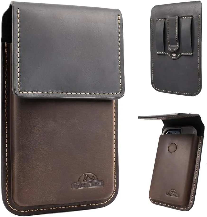 Topstache Leather Phone Holster with Belt Clip,Flip Cell Phone Pouch for iPhone 14/13 Pro,S23,S22,Note 10 Belt Clip Phone Case,Universal Smartphone Sheath,L,Mixbrown