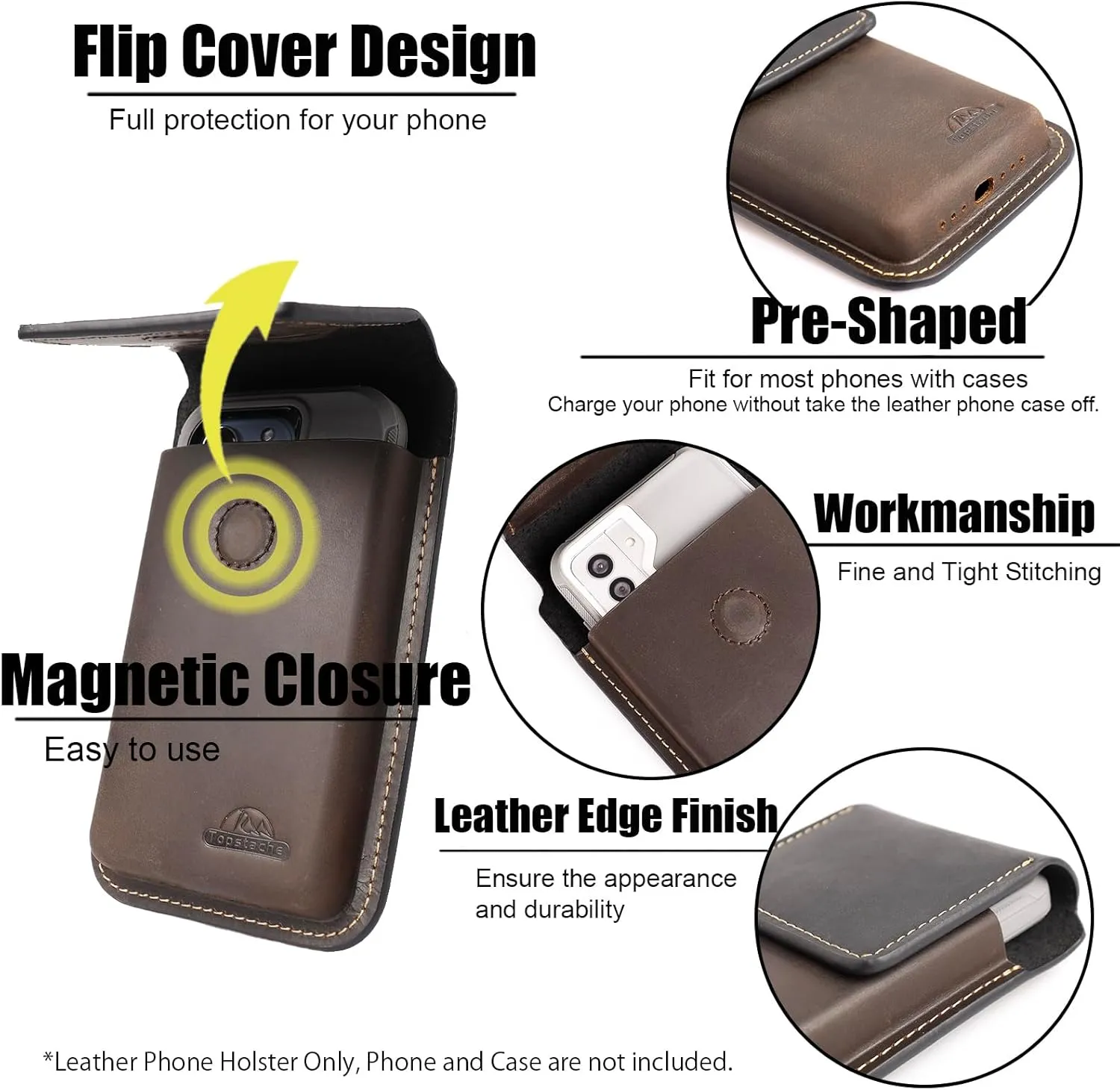 Topstache Leather Phone Holster with Belt Clip,Flip Cell Phone Pouch for iPhone 14/13 Pro,S23,S22,Note 10 Belt Clip Phone Case,Universal Smartphone Sheath,L,Mixbrown