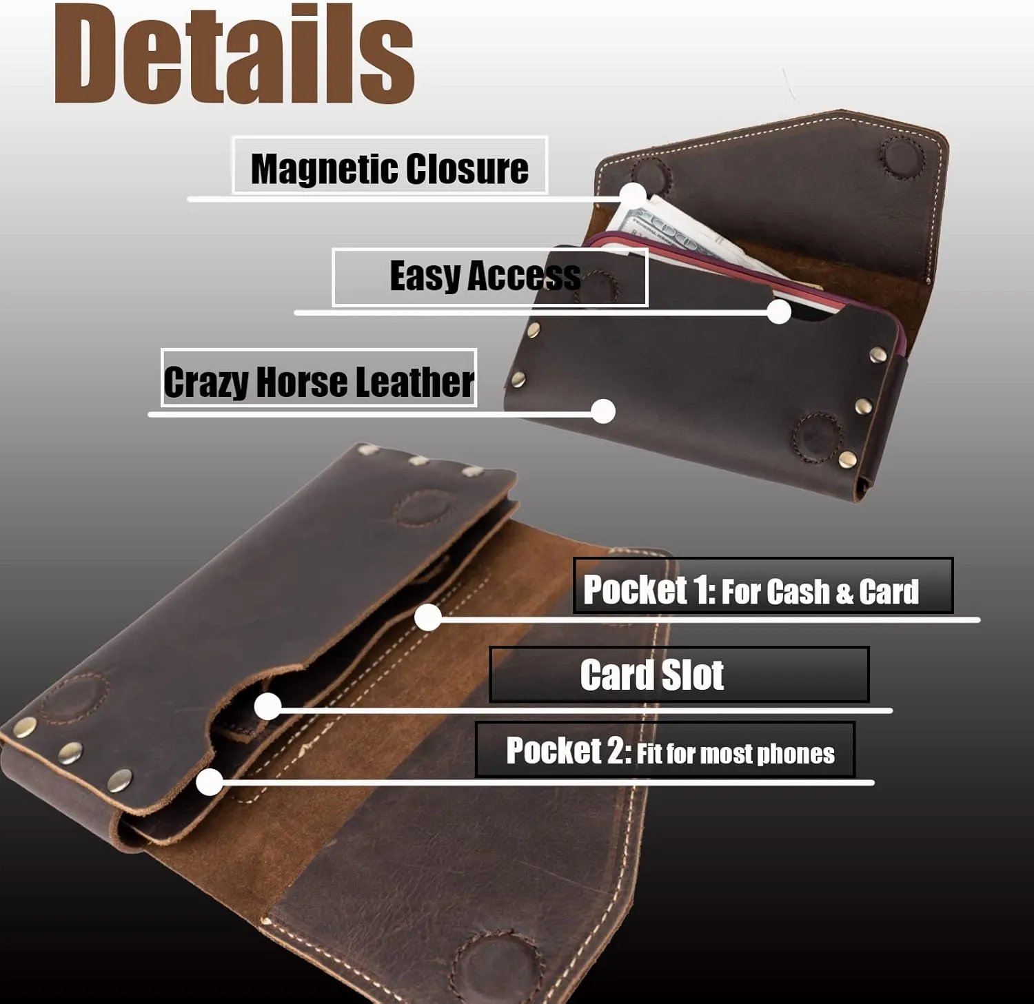 Topstache [Leather] [Phone] Holster with Belt Loop, Magnetic Closure Cell [Phone] Pouch Card Holder Wallet, Handmade Holder for i[Phone] 13 Pro Max,(Fits [Phone] with Otterbox Case on),Darkbrown
