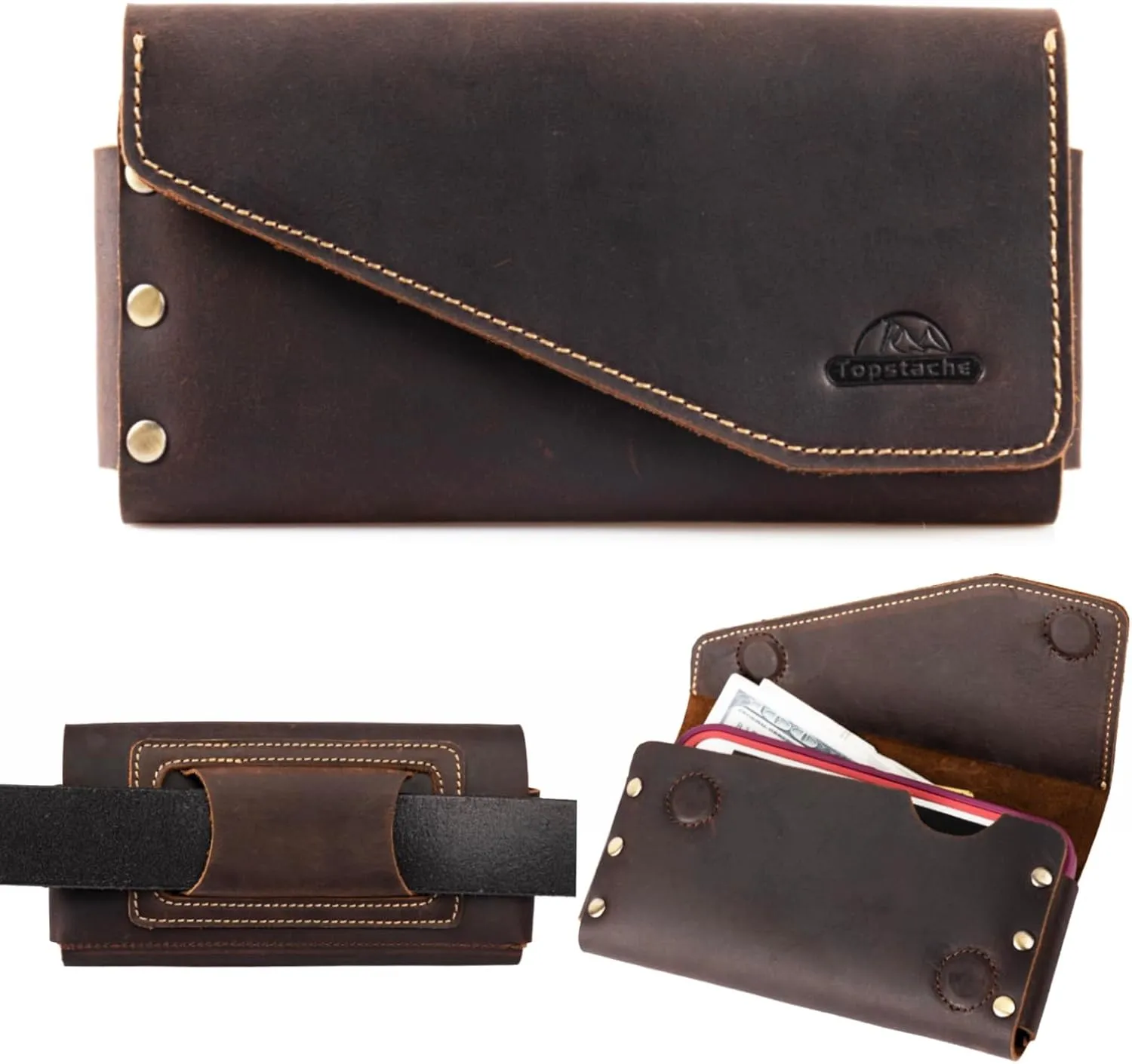 Topstache [Leather] [Phone] Holster with Belt Loop, Magnetic Closure Cell [Phone] Pouch Card Holder Wallet, Handmade Holder for i[Phone] 13 Pro Max,(Fits [Phone] with Otterbox Case on),Darkbrown