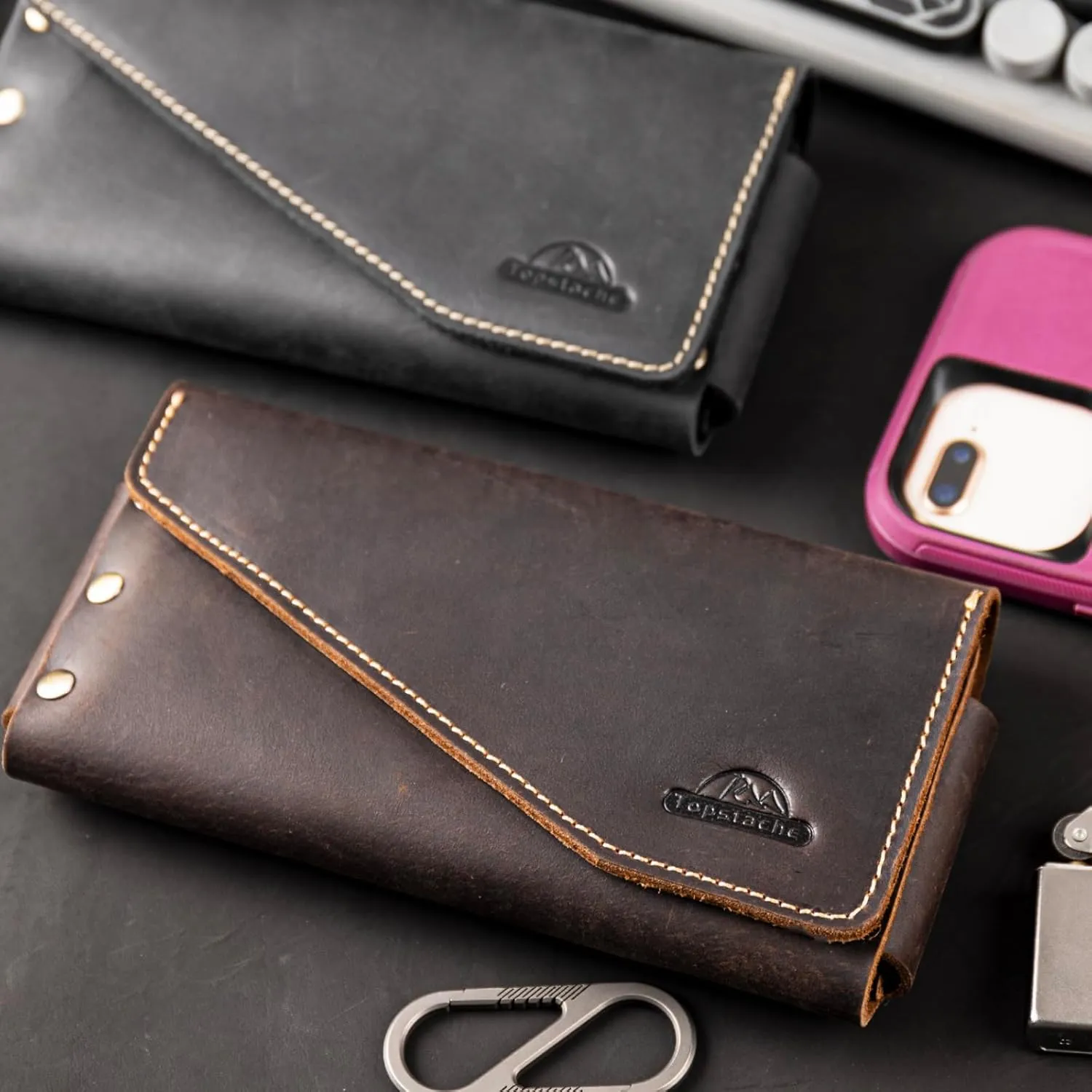 Topstache [Leather] [Phone] Holster with Belt Loop, Magnetic Closure Cell [Phone] Pouch Card Holder Wallet, Handmade Holder for i[Phone] 13 Pro Max,(Fits [Phone] with Otterbox Case on),Darkbrown