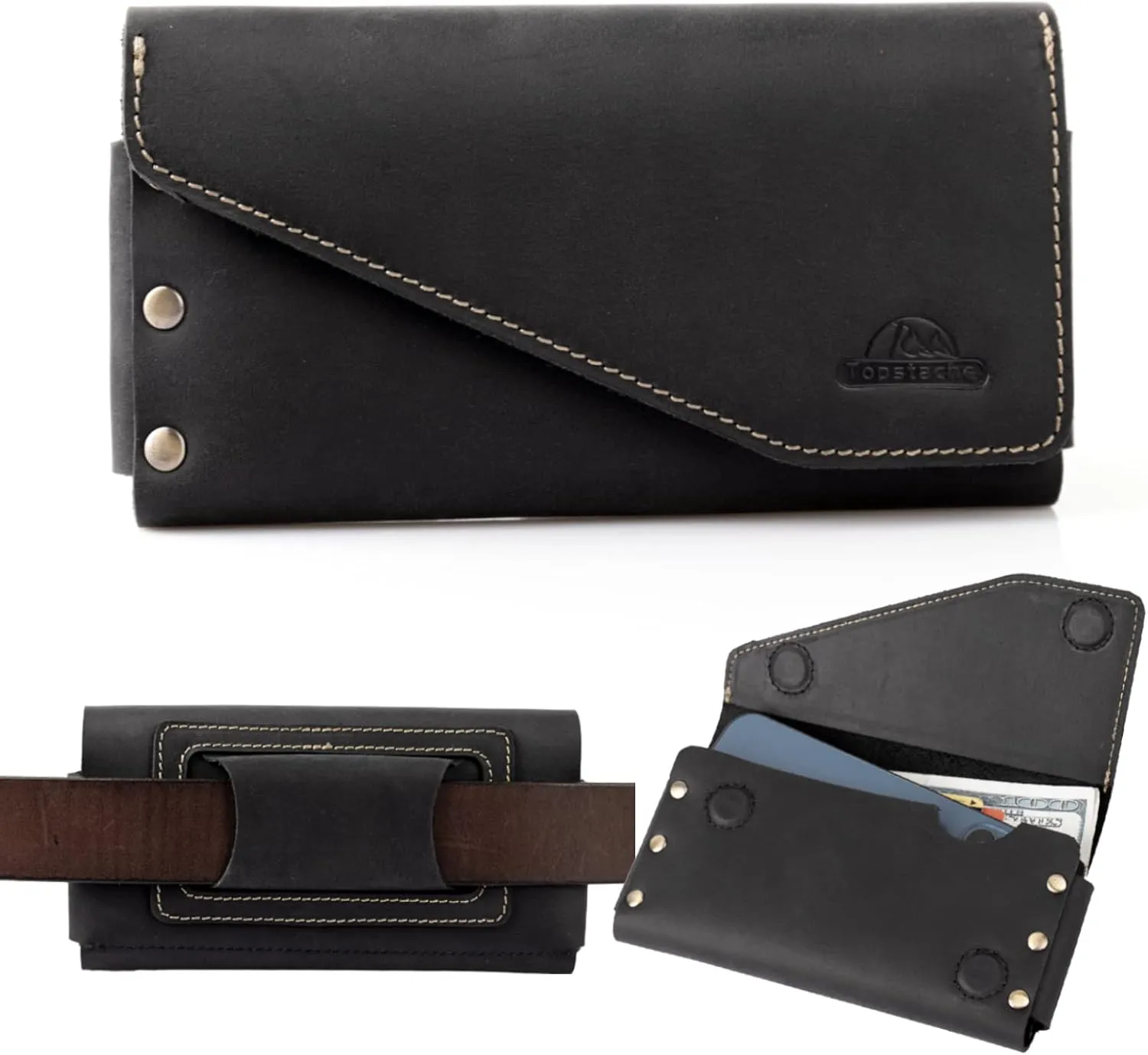 Topstache Leather Phone Holster with Belt Loop, Magnetic Closure Cell Pouch, Handmade Leather Holder for iPhone 14 Pro Max (Fits with Otterbox Case), XL, Black