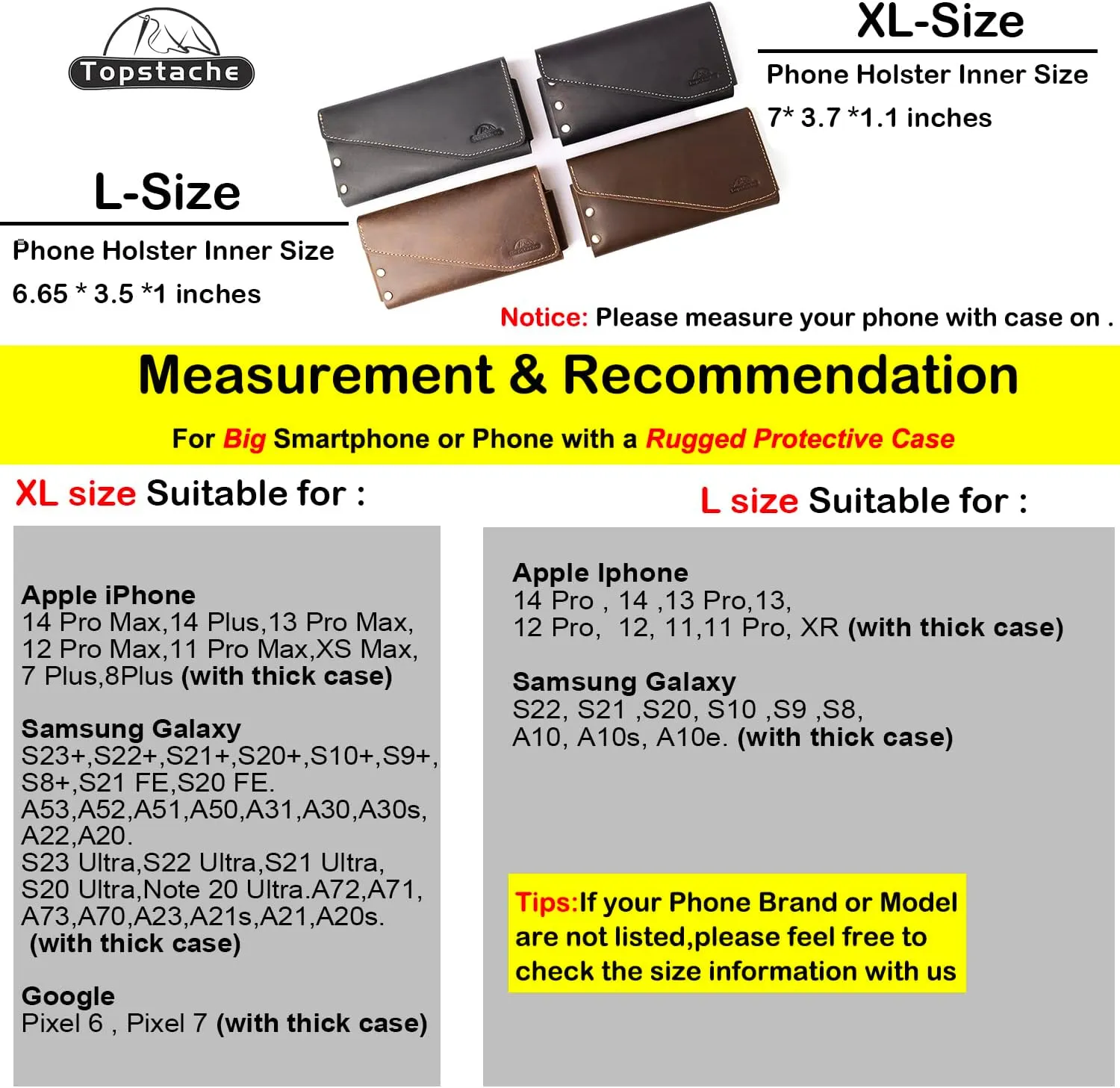Topstache Leather Phone Holster with Belt Loop, Magnetic Closure Cell Pouch, Handmade Leather Holder for iPhone 14 Pro Max (Fits with Otterbox Case), XL, Black