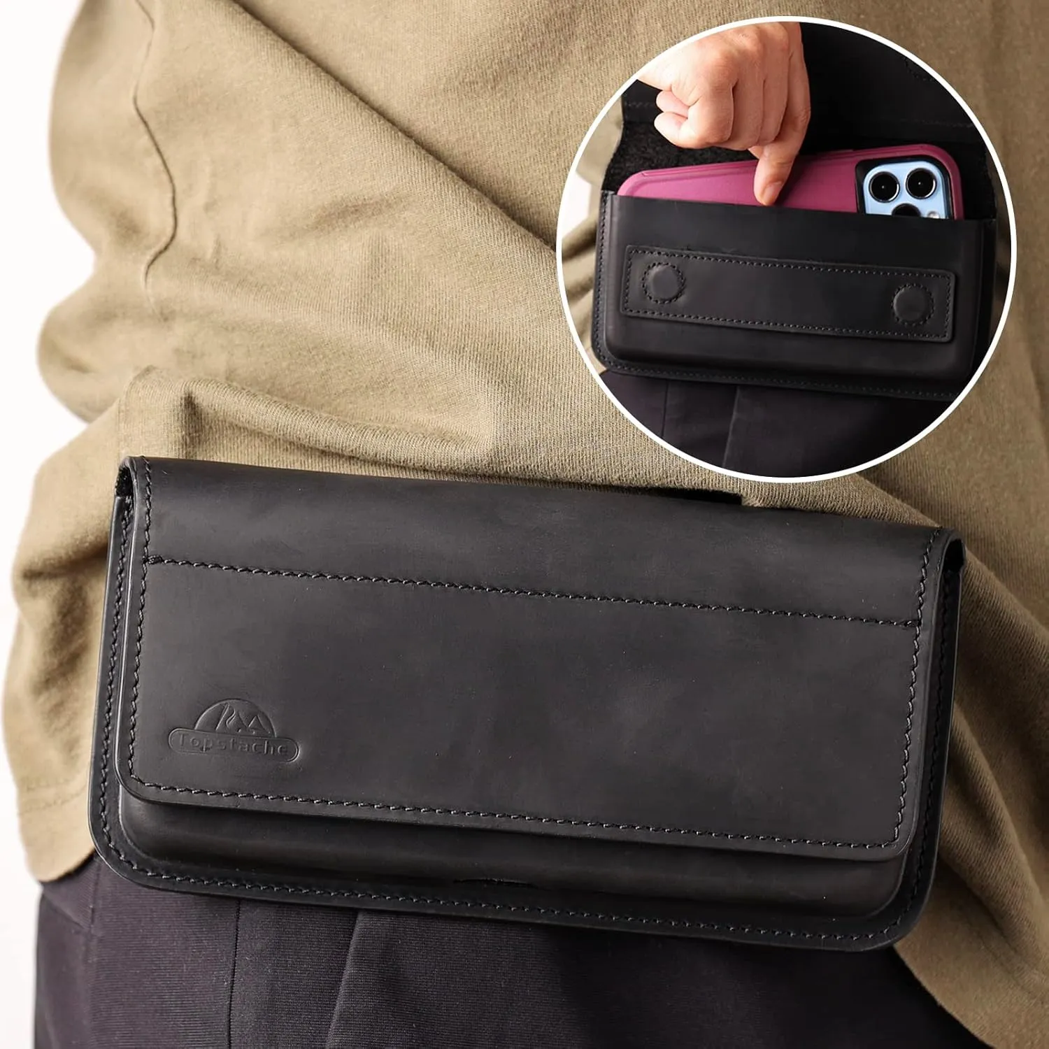Topstache X-Large Leather Phone Holster, Flip Cell Phone Case with Belt Clip for S23 Ultra, S23 Plus, iPhone 14 Pro Max, Universal Smartphone Leather Sheath with Protective Case