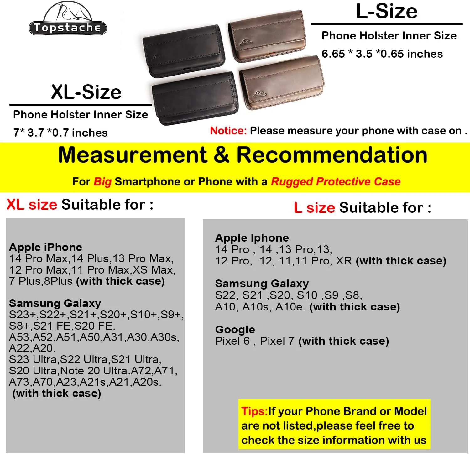 Topstache X-Large Leather Phone Holster, Flip Cell Phone Case with Belt Clip for S23 Ultra, S23 Plus, iPhone 14 Pro Max, Universal Smartphone Leather Sheath with Protective Case