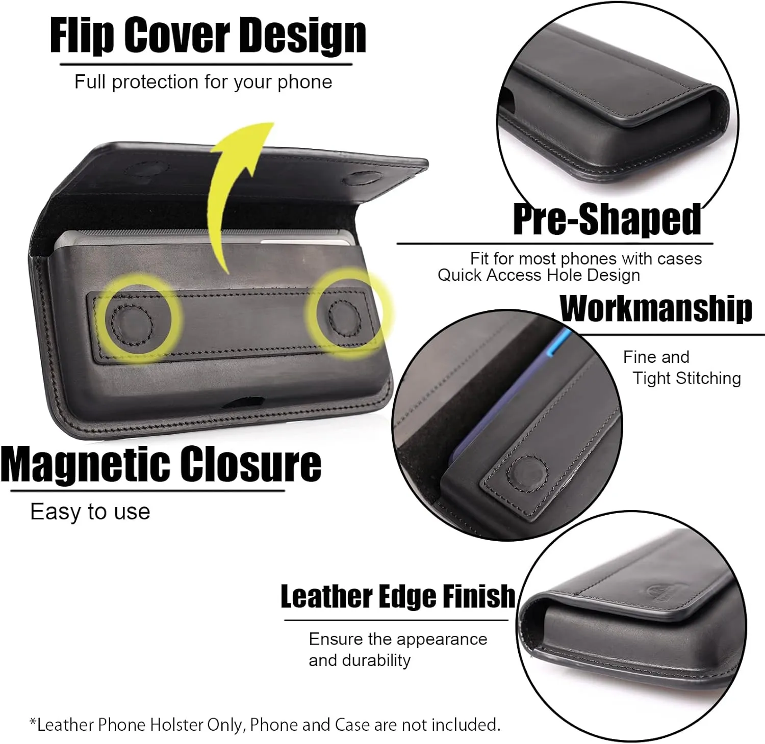 Topstache X-Large Leather Phone Holster, Flip Cell Phone Case with Belt Clip for S23 Ultra, S23 Plus, iPhone 14 Pro Max, Universal Smartphone Leather Sheath with Protective Case