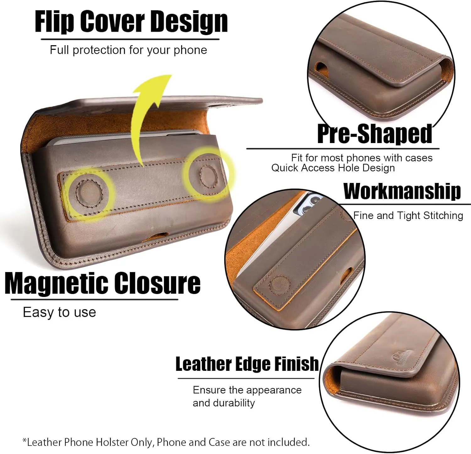 Topstache X-Large Leather Phone Holster,Flip Cell Phone Case with Belt Clip for S23 Ultra S23 Plus,Leather Case for iPhone 14 Pro Max,Universal Smartphone Leather Sheath for Phone with Protective Case