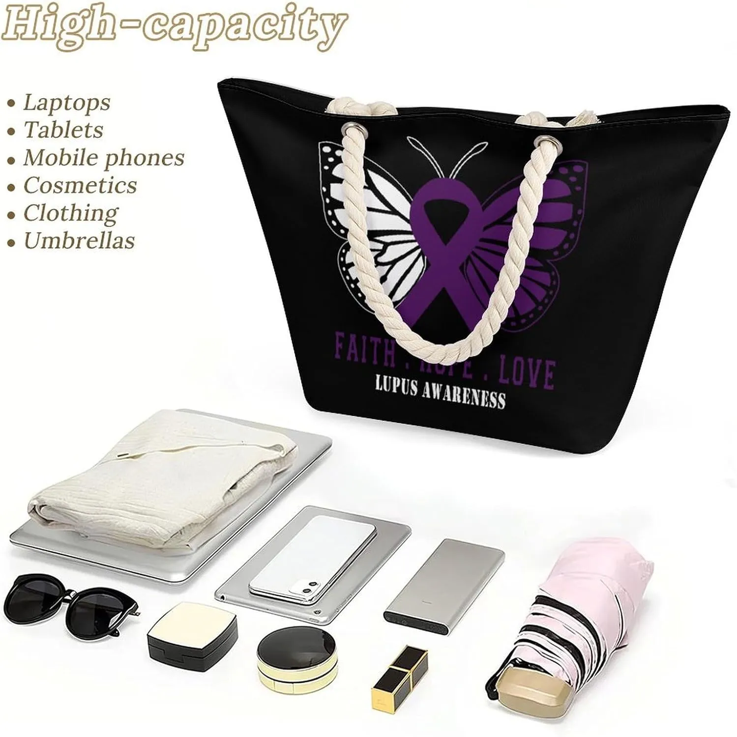 Tote Bag Large Handles Beach Bag with Zipper for Shopping Groceries Travel Outdoors Swim Pool Bag