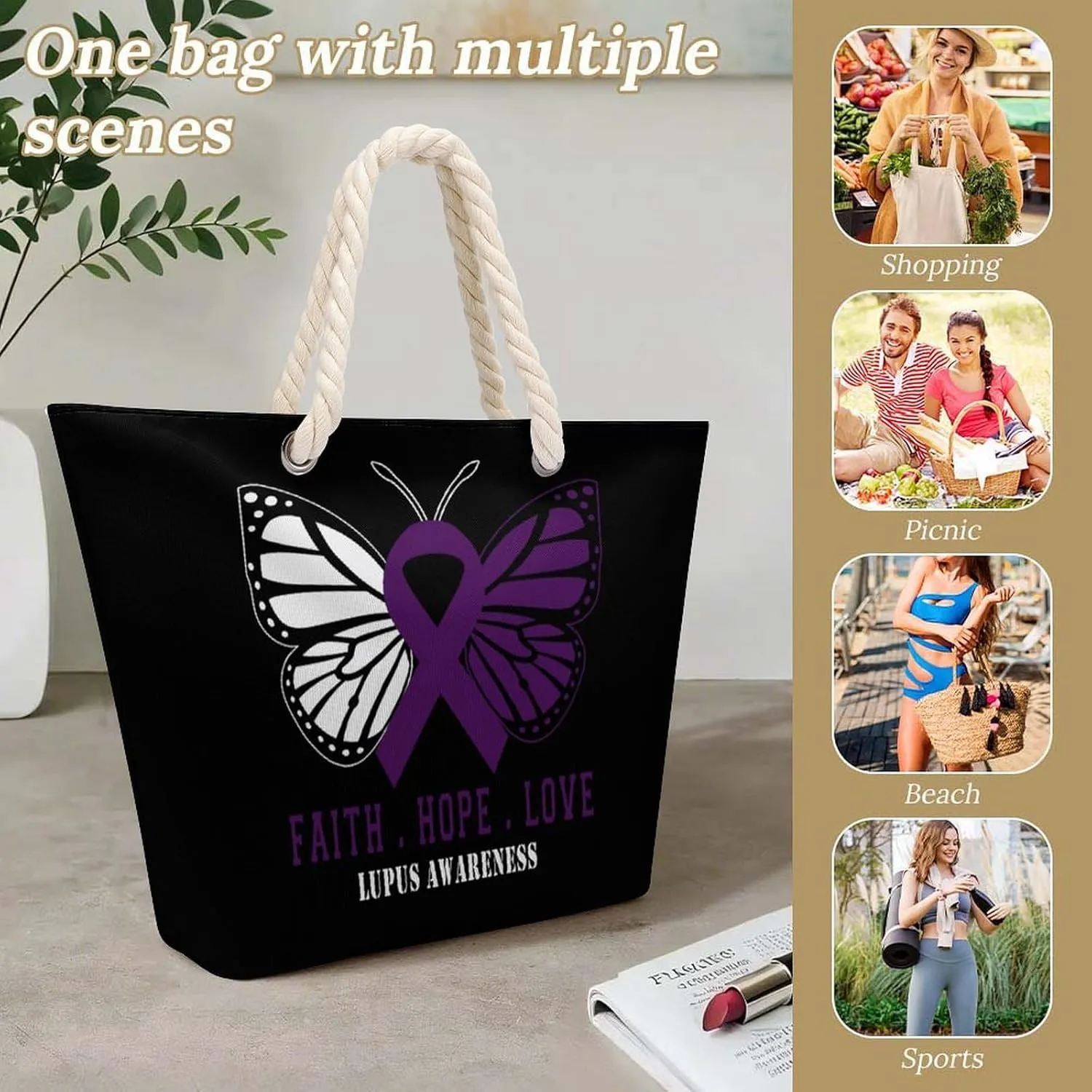 Tote Bag Large Handles Beach Bag with Zipper for Shopping Groceries Travel Outdoors Swim Pool Bag