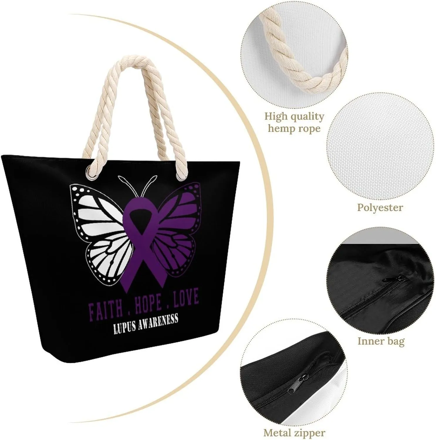 Tote Bag Large Handles Beach Bag with Zipper for Shopping Groceries Travel Outdoors Swim Pool Bag