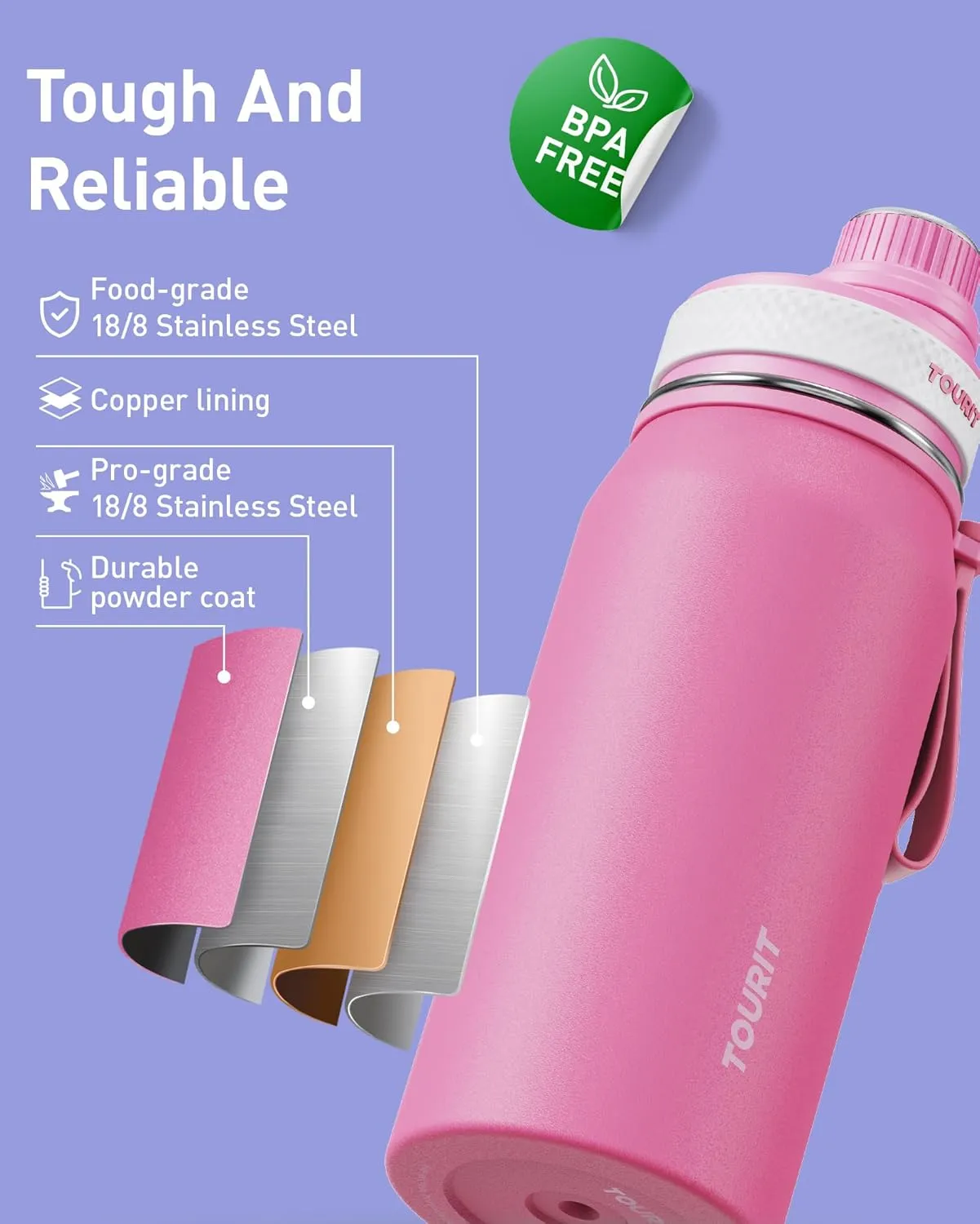 TOURIT 32oz Stainless Steel Wide Mouth Water Bottle, Double-Wall Vacuum Insulation with Spout Lid for Sports and Travel, Pink