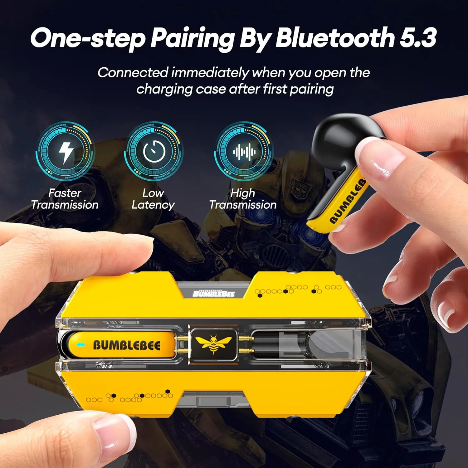 Transformers TF-T01 True Wireless Earbuds Wireless Bluetooth 5.4 Ear Buds Deep Bass Sound Earbud with Smart Noise Cancelling Mic IPX5 Waterproof in Ear Earphones for Android iOS Yellow Bumblebee