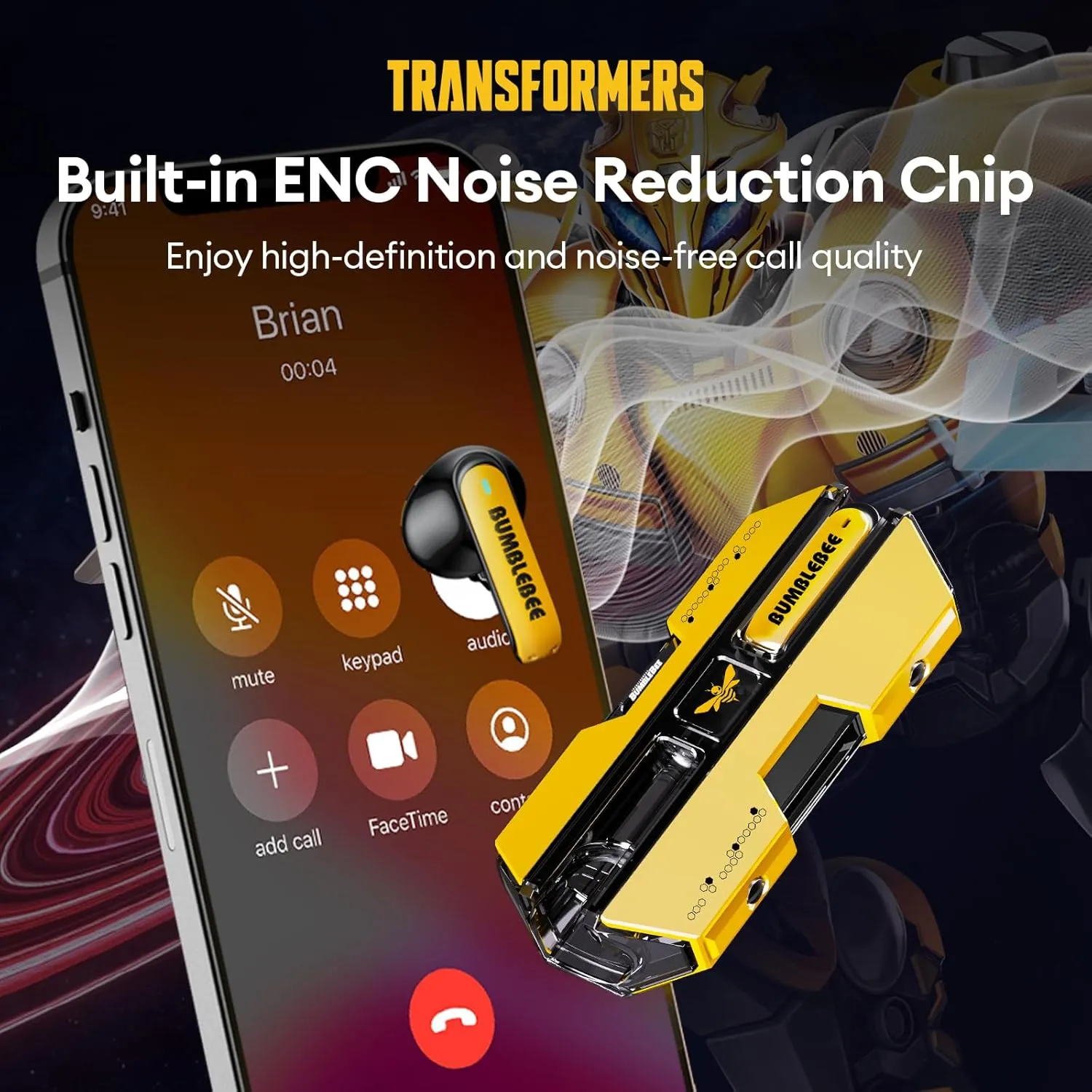 Transformers TF-T01 True Wireless Earbuds Wireless Bluetooth 5.4 Ear Buds Deep Bass Sound Earbud with Smart Noise Cancelling Mic IPX5 Waterproof in Ear Earphones for Android iOS Yellow Bumblebee