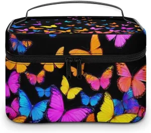 Travel Cosmetic Cases for Women, Multifunctional Makeup Organizer Bag, Colorful Orange Monarch Butterfly Toiletry Storage Bag with Handle and Divider