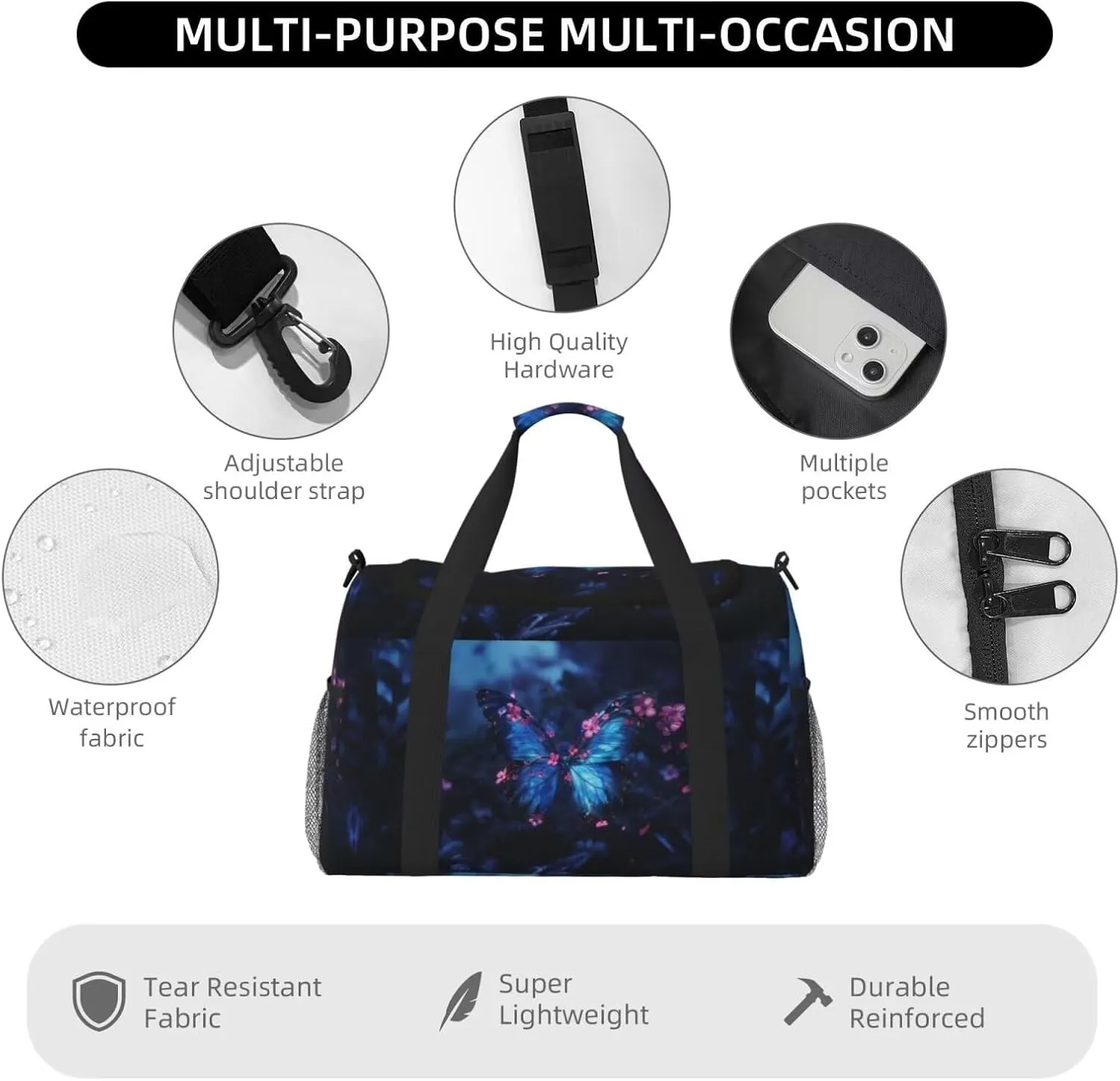 Travel Duffle Bag, Blue Butterfly Print Weekender Bag Carry On Tote Bags for Women, Cute Animal Floral Travel Essentials Sport Gym Bag for Men, Overnight Bag Luggage Bag
