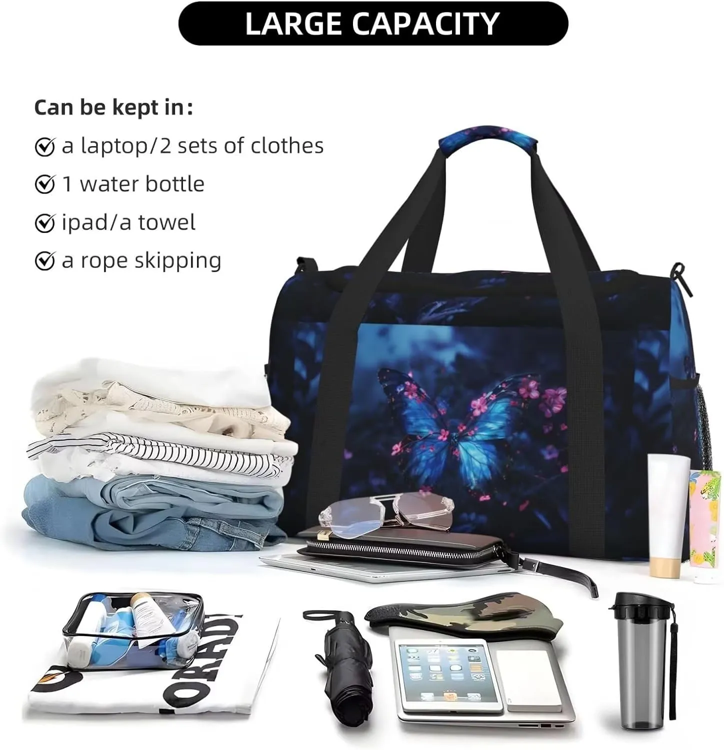 Travel Duffle Bag, Blue Butterfly Print Weekender Bag Carry On Tote Bags for Women, Cute Animal Floral Travel Essentials Sport Gym Bag for Men, Overnight Bag Luggage Bag