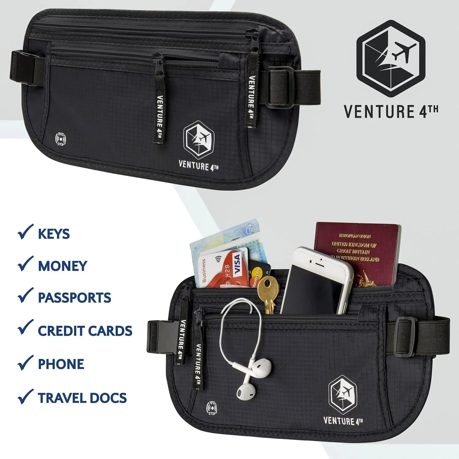 Travel Money Belt, RFID Blocking for Men & Women - Ideal for Keeping Your Cash, Credit Card, Passport, Phone Safe When Traveling (Pure Black)