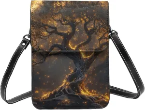 Tree Of Life Myth Black And Gold Beautiful Crossbody Cell Phone Purse For Women Teen Girls Leather Small Crossbody Bag Mini Phone Pouch Purse, 7.5x5.3 Inches