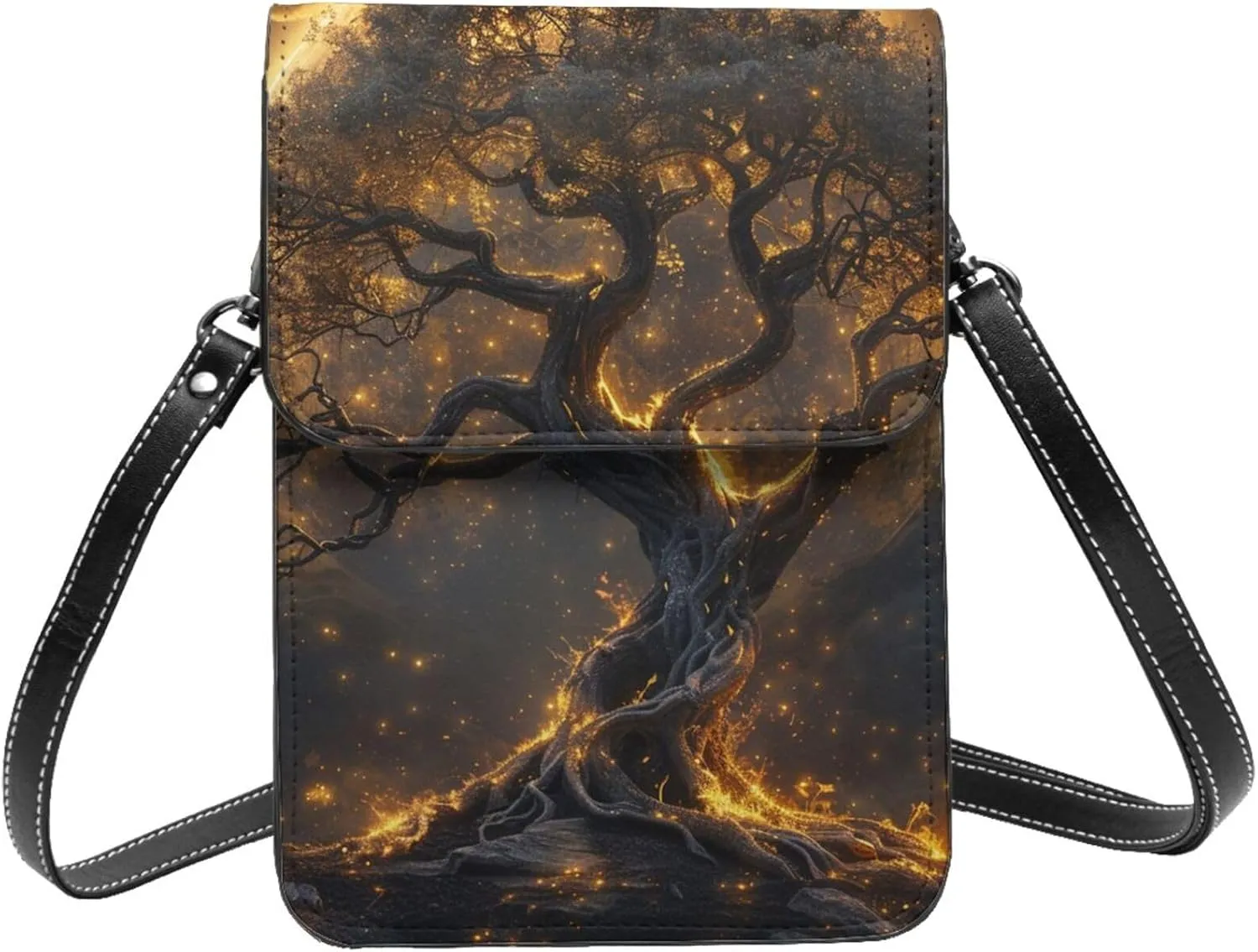 Tree Of Life Myth Black And Gold Beautiful Crossbody Cell Phone Purse For Women Teen Girls Leather Small Crossbody Bag Mini Phone Pouch Purse, 7.5x5.3 Inches