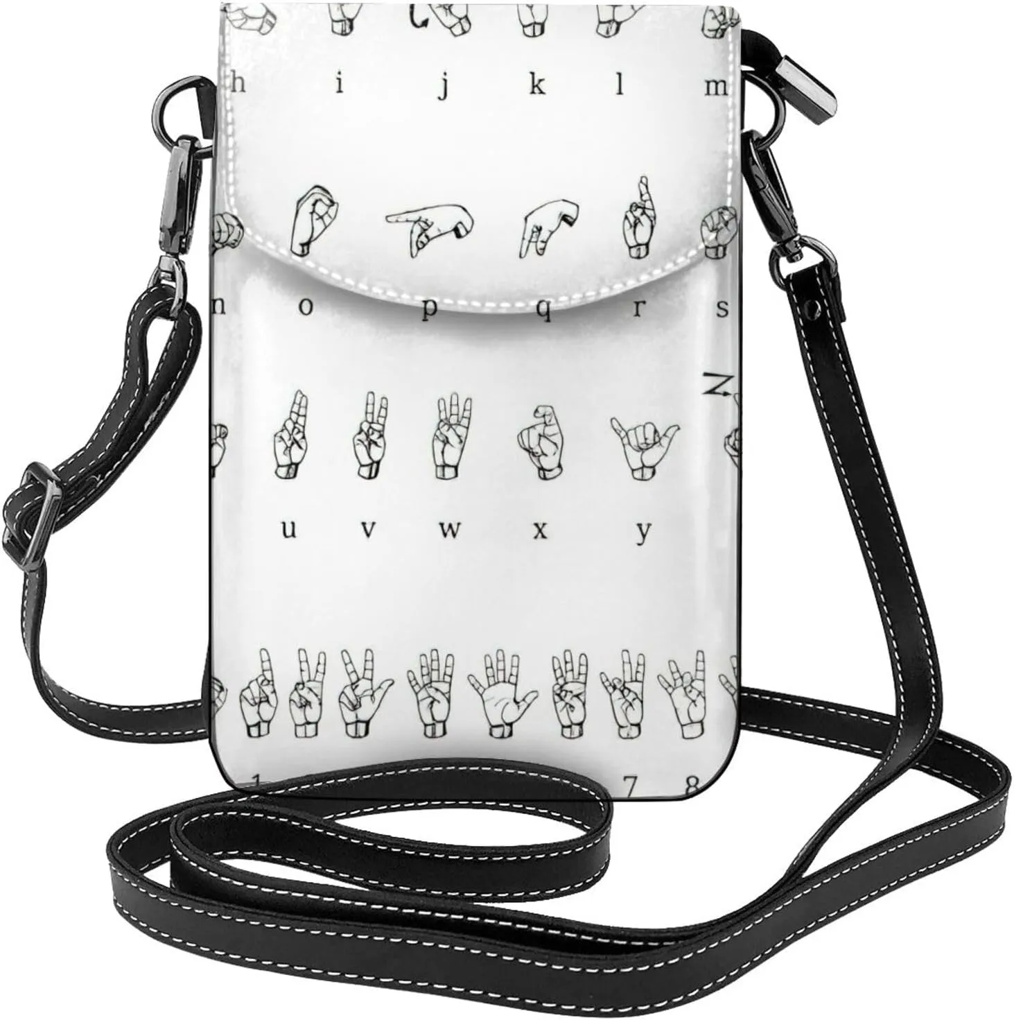 Trendy mini Sign Language Alphabet print crossbody cell phone bag for women,everyday use and travel handbag