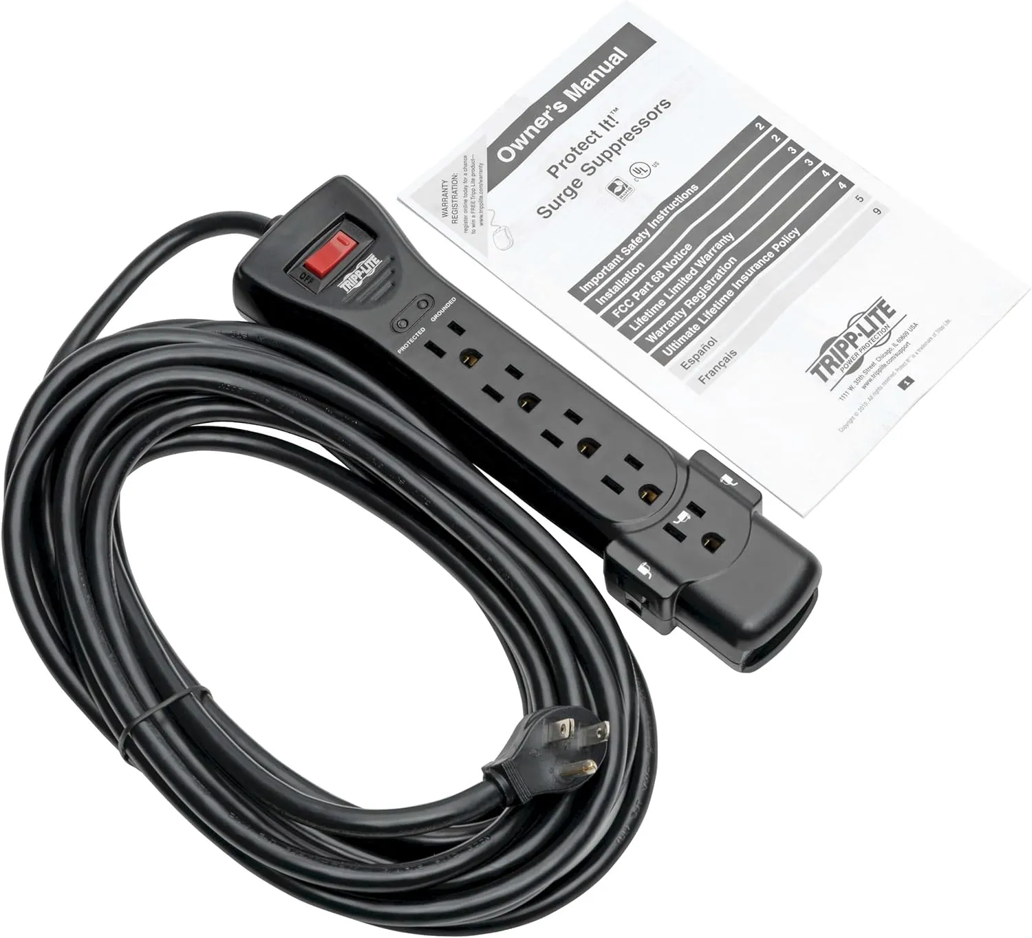 Tripp Lite 7 Outlet Surge Protector Power Strip, Extra Long Cord 25ft, Right-Angle Plug, Black, Lifetime Limited Warranty & $75K INSURANCE (SUPER725B)