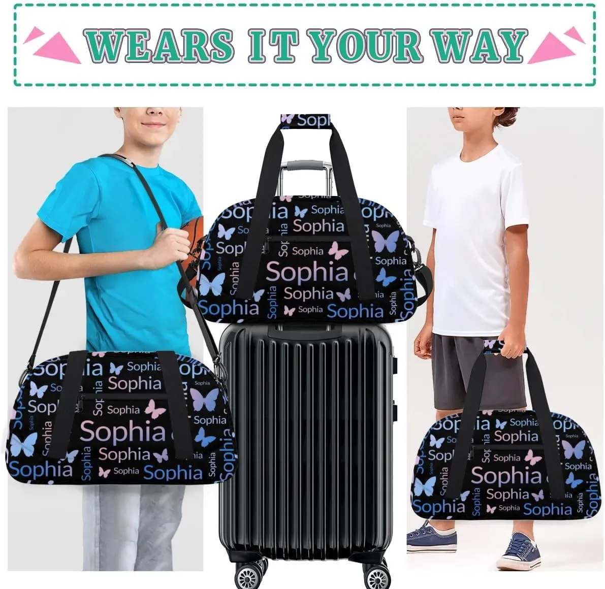 TropicalLife Custom Butterfly Sport Gym Bag Personalized Dance Bag Customized Duffle Bag Travel Duffle Bag for Women Blue Pink Butterfly