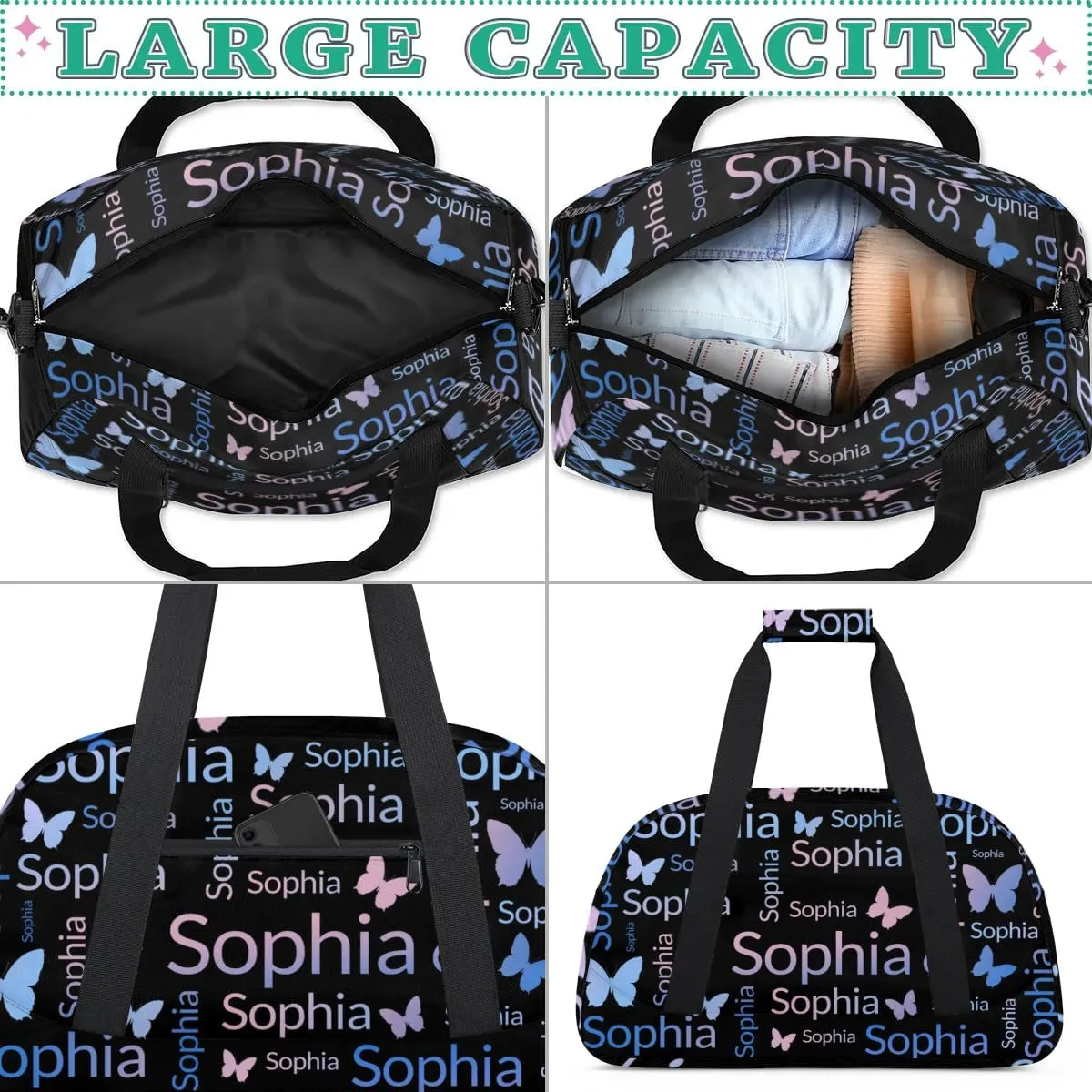 TropicalLife Custom Butterfly Sport Gym Bag Personalized Dance Bag Customized Duffle Bag Travel Duffle Bag for Women Blue Pink Butterfly