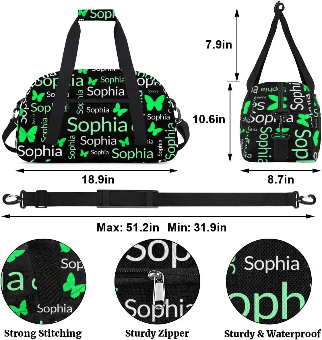 TropicalLife Custom Butterfly Sport Gym Bag Personalized Dance Bag Customized Duffle Bag Travel Duffle Bag for Women Cyan White Butterfly