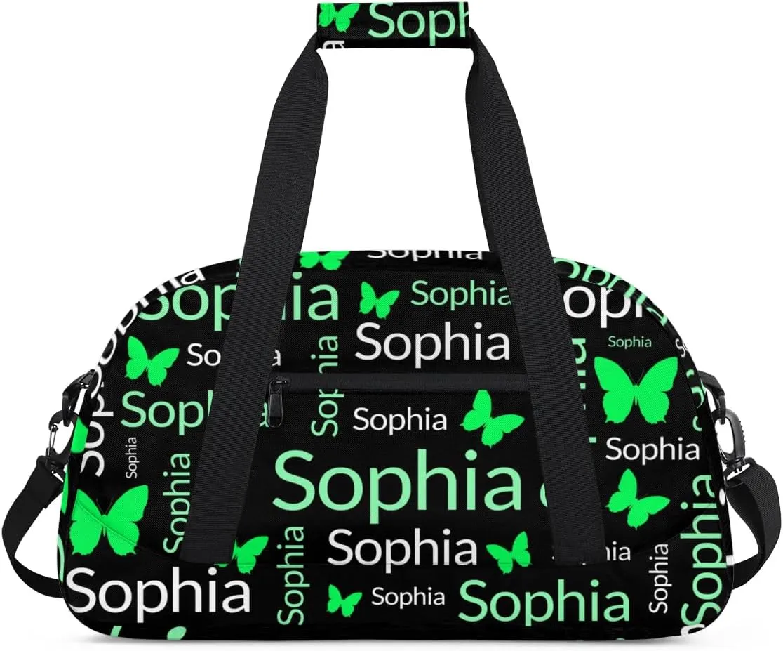 TropicalLife Custom Butterfly Sport Gym Bag Personalized Dance Bag Customized Duffle Bag Travel Duffle Bag for Women Cyan White Butterfly