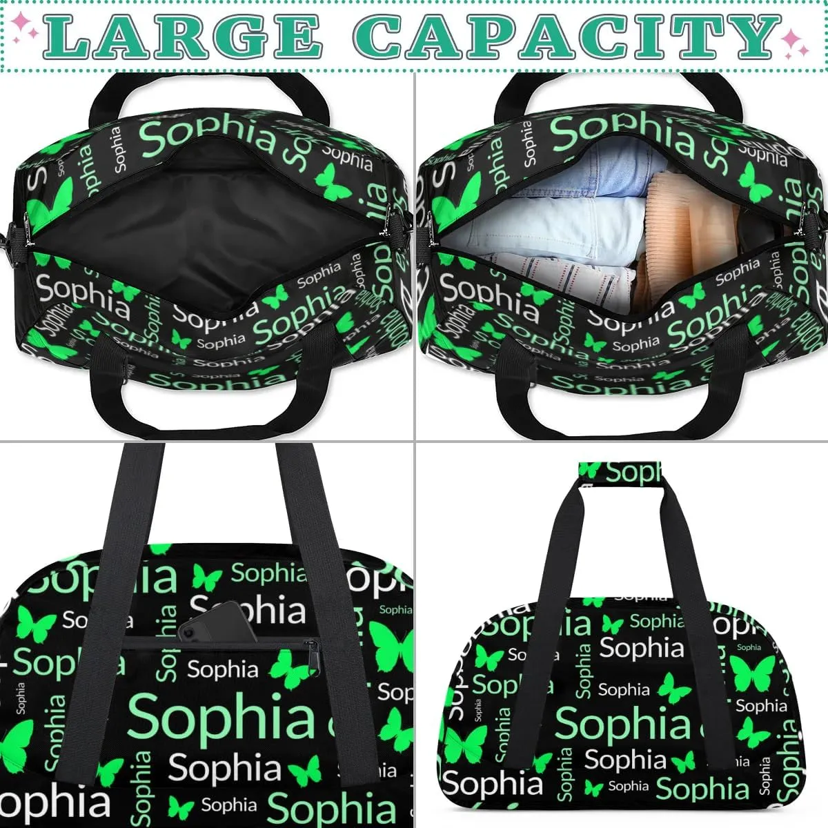TropicalLife Custom Butterfly Sport Gym Bag Personalized Dance Bag Customized Duffle Bag Travel Duffle Bag for Women Cyan White Butterfly