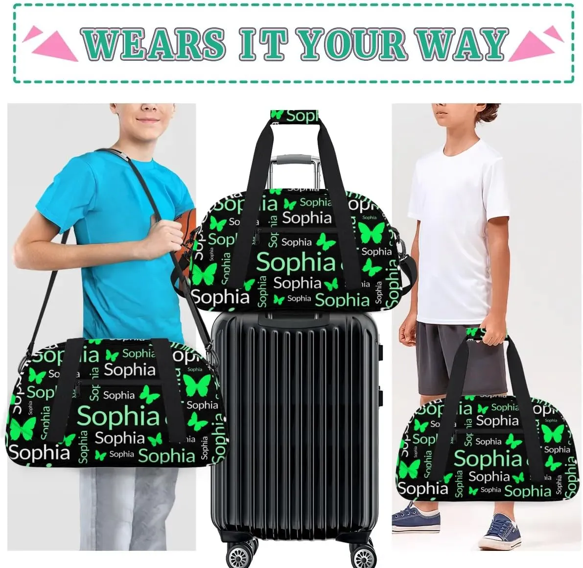 TropicalLife Custom Butterfly Sport Gym Bag Personalized Dance Bag Customized Duffle Bag Travel Duffle Bag for Women Cyan White Butterfly