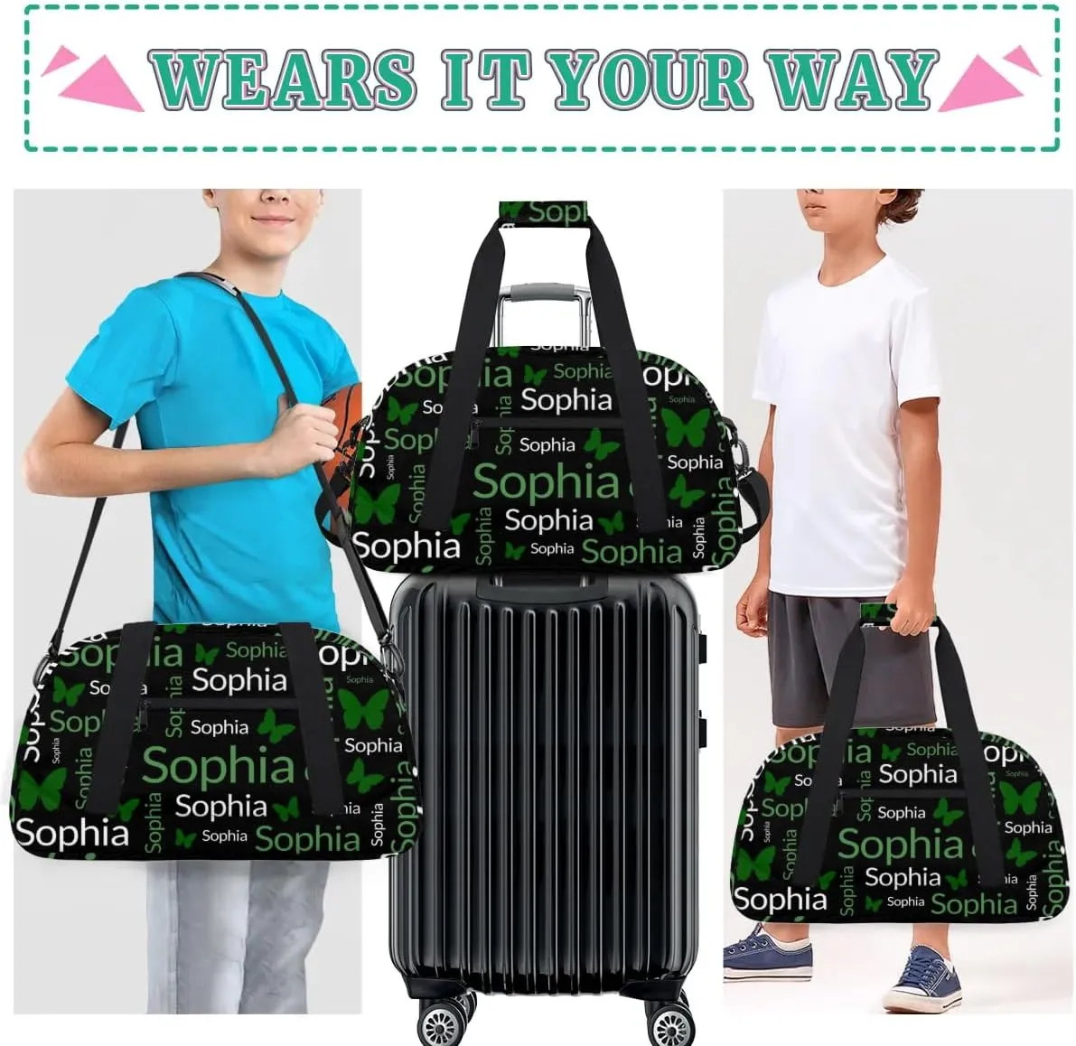 TropicalLife Custom Butterfly Sport Gym Bag Personalized Dance Bag Customized Duffle Bag Travel Duffle Bag for Women Green White Butterfly